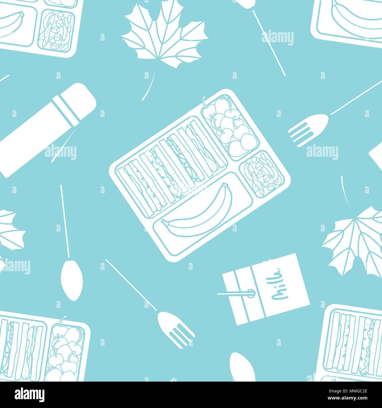 Weiße silhouette Lunch Box Set random auf blauem Hintergrund. Nahtlose Muster Hintergrund Design für Essen in Vector Illustration. Stock Vektor