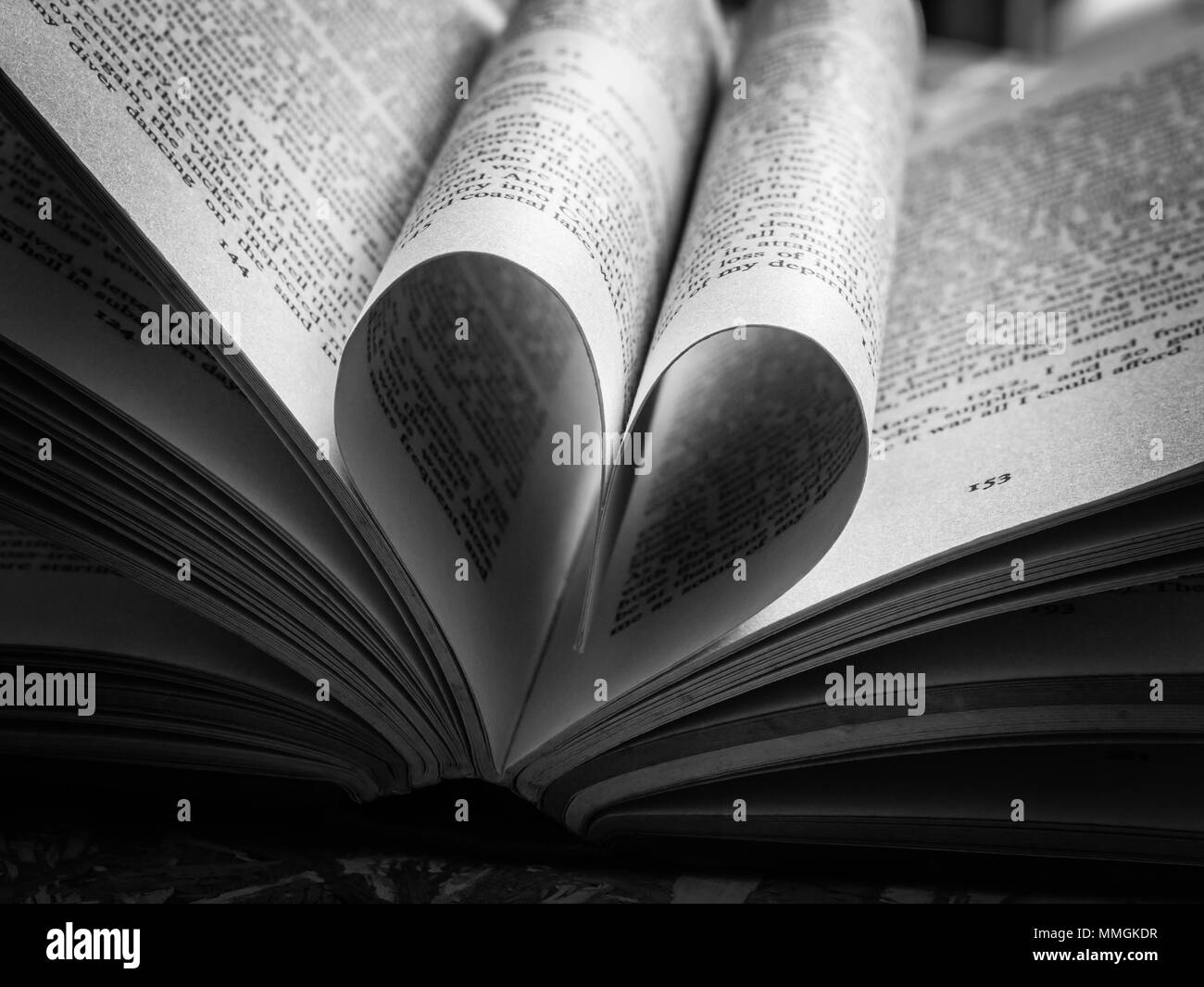 Schwarze und weiße Liebe Herz in einem Buch Stockfoto