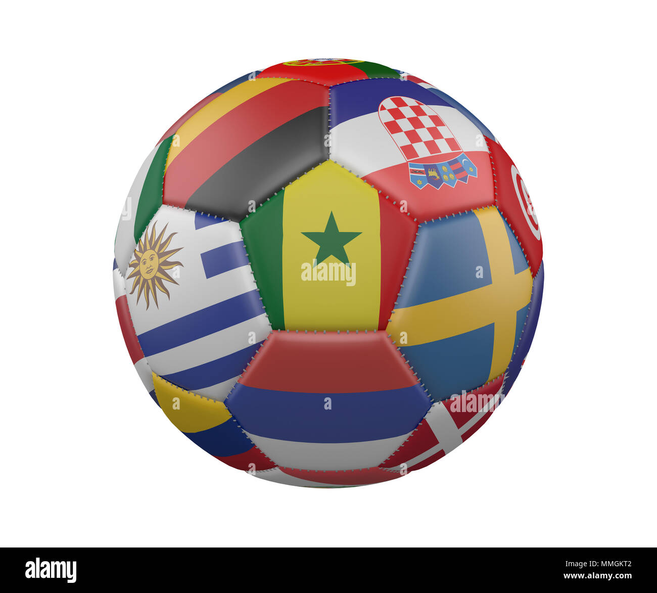 Fußball mit Fahnen auf weißem Hintergrund, Senegal im Zentrum, 3D-Rendering Stockfoto Fußball mit Fahnen auf weißem Hintergrund, Senegal im Zentrum, 3D-Rendering Stockfoto