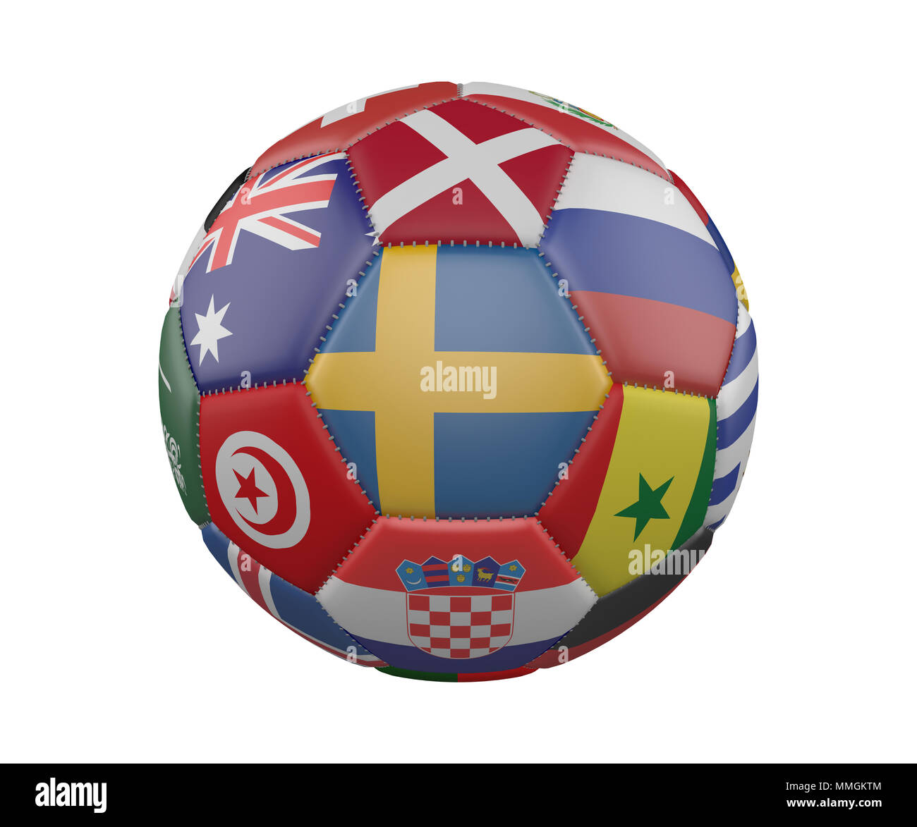 Fußball mit Fahnen auf weißem Hintergrund, Schweden im Zentrum, 3D-Rendering Stockfoto Fußball mit Fahnen auf weißem Hintergrund, Schweden im Zentrum, 3D-Rendering Stockfoto