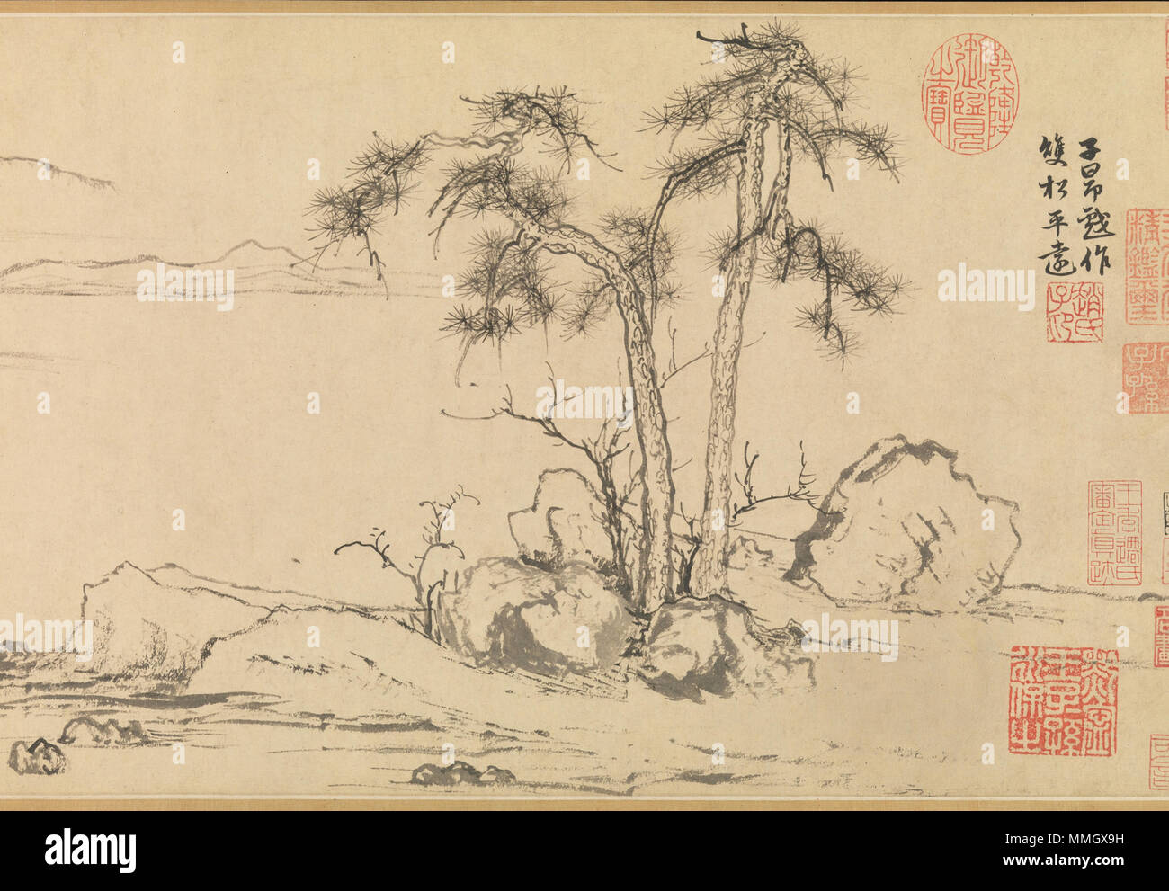 . Englisch: Zhao Mengfu Twin Pines, ebene Strecke, Detail, Ca. 1310 (26,8 x 107,5 cm), The Metropolitan Museum of Art, New York. 30. März 2010. Zhao Mengfu (1254-1322) Alternative Namen????; ??????; ??? Beschreibung Chinesische Maler Geburtsdatum / Tod 1254 1322 Ort der Geburt / Todes Wuxingchang Peking Authority control: Q 197461 VIAF:?:? ISNI 50532127 0000 0000 8050 1999 ULAN:?? n 500121418 LCCN: 80125431 NLA:? 36730921 WorldCat 3c Zhao Mengfu Twin Pines, ebene Strecke, Ca. 1310 (26,8 x 107,5 cm), The Metropolitan Museum of Art, New York Stockfoto