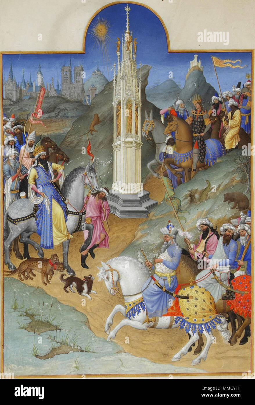. Français: dirige Chaque roi un-cortège. Les trois Gruppen prennent la Direction d'un édicule situé au Centre, appelé aussi "montjoye", surmonté de l'Étoile. Les Rois Mages représentent les Trois âges de la vie: l'Jugendlichen, l'Homme et le vieillard. Gaspard, le Jeune en Haut à droite, est Suivi de deux personnages Noirs. Balthasar, l'homme, est Placé à gauche et Melchior, le vieillard (ici à l'image de l'Empereur byzantin Manuel II. Paleologue), en Bas à Droite. Par ailleurs, divers animaux sauvages sind peints: des guépards, un Lion, un lézard ainsi qu'un Ours, Symbole du Duc de Berry. Stockfoto
