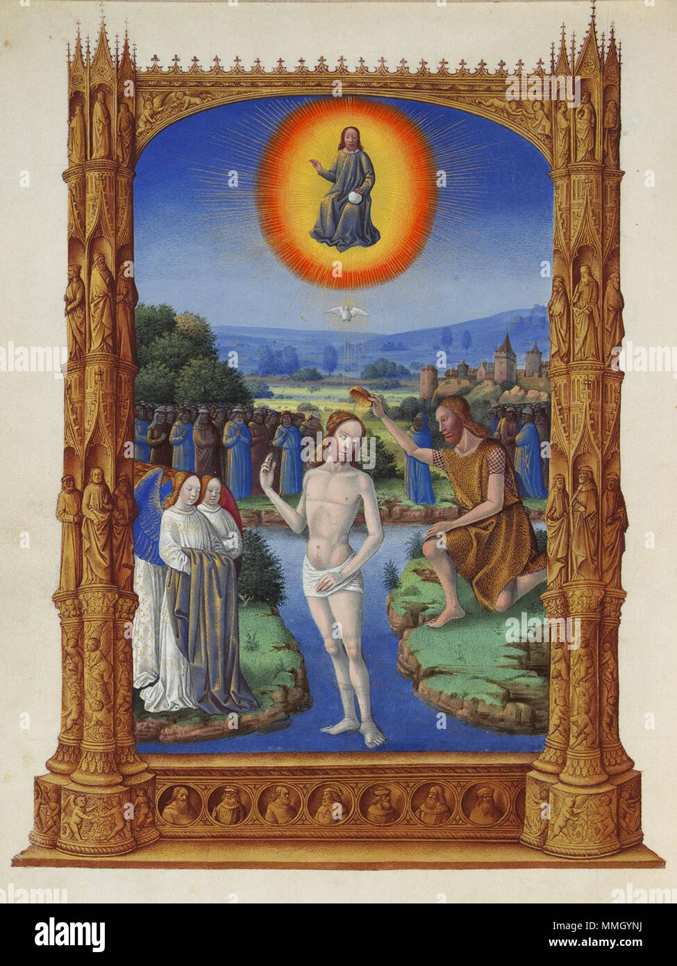 . Français: Le Christus baptisé par Saint Jean dans le Jourdain, surmonté de la Trinité. Deux anges tiennent ses vêtements à gauche et une foule est rassemblée à l'arrière, au Centre d'un paysage Très Riches Heures du Duc de Berry: Deutsch: Die Taufe Christi Français: Le Baptème du Christus, Illustration de l'Office du Dimanche Deutsch: Taufe des Jesus von Nazareth durch Johannes den Täufer Folio 109 Sterben v. zwischen 1485 und 1486. Folio 109v - Die Taufe Christi Stockfoto