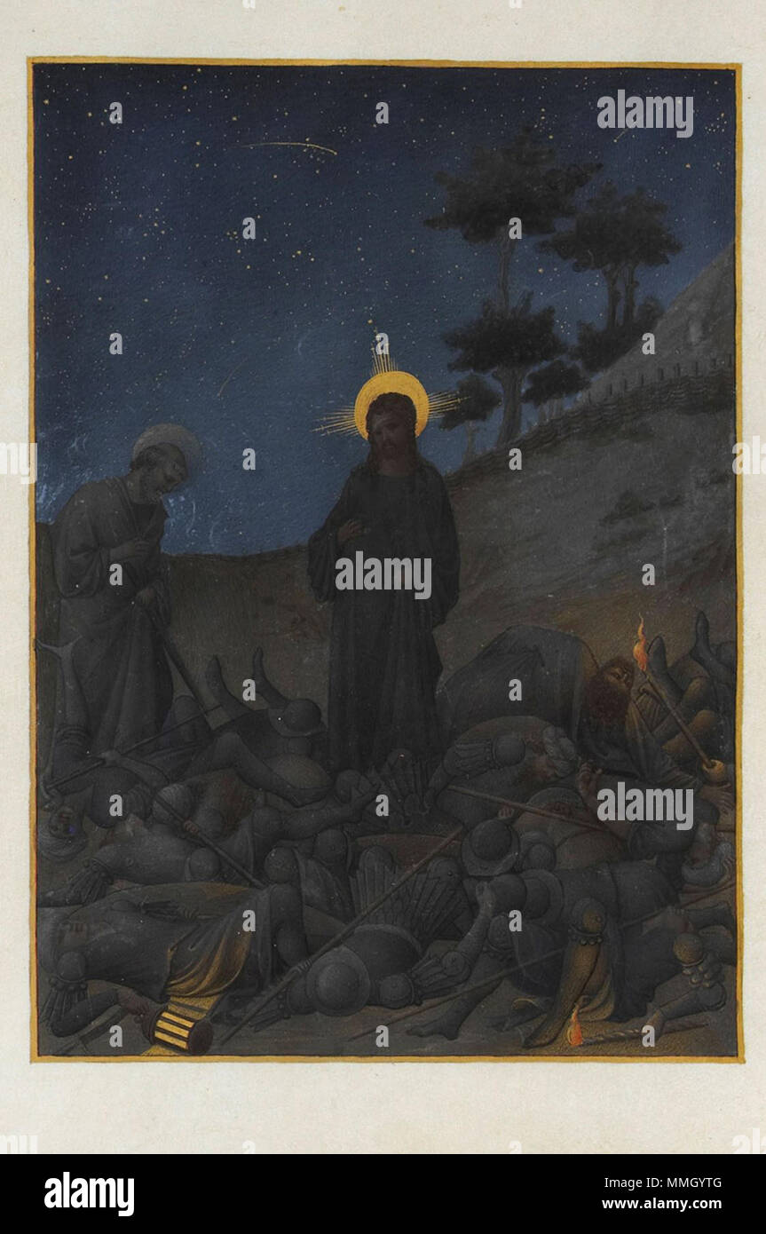 . Français: Dans la nuit, le Christ est accompagné de Saint Pierre, des soldats Venus le chercher se retrouvant atterrés à ses pieds Très Riches Heures du Duc de Berry: Deutsch: Christus in Getsemani Français: L'Arrestation de Jésus, Illustration des Heures de la Passion Folio 142 verso. zwischen 1411 und 1416. Folio 142v - Christus in Getsemani Stockfoto