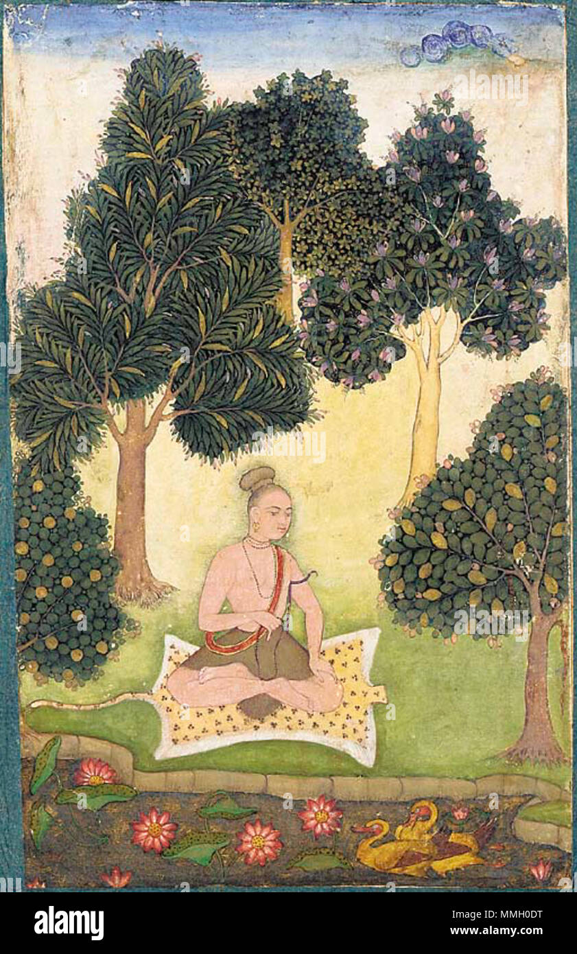 . Englisch: ein Yogi in einem Garten sitzt, North Indian oder Deccani Miniaturmalerei, c. 1620-40 Quelle: http://www.christies.com/LotFinder/search/LotDetail.asp?sid=&intObjectID=4160871&SE=CMWCAT04+103843+292508328+&QR=M+1+37+Aqc0000900+94660++Aqc0000900+&entry=india&SU=1&RQ=True&AN=38 heruntergeladen (September 2003) "KAMOD RAGINI. Im Norden Indiens oder Deccan, ca. 1620-1640. Von einem Ragamala Serie, eine junge Yogi auf einem Leopard Haut in einer Landschaft mit blühenden Bäumen im Hintergrund sitzt, auf der Karte mit blauen und gelben Rand montiert. Miniatur 7 5/8 x 4 7/8 in. (19,4 x 12,4 cm). Herkunft Sundaram, Delhi, 1. Stockfoto