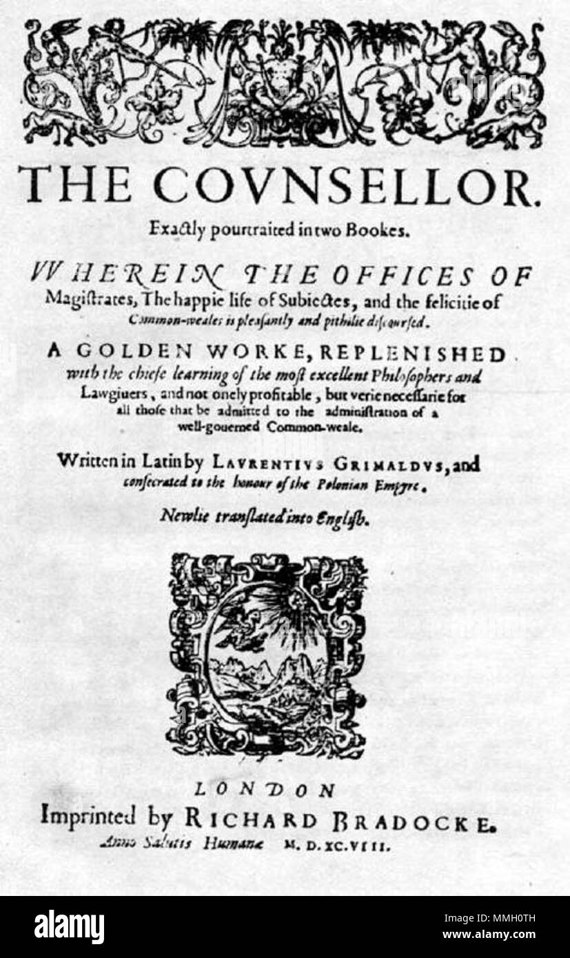 . Die Titelseite der Wawrzyniec Grzymała Goślicki der Ratgeber. 1598. Prägung durch Richard Bradocke Ratgeber, Goslicki Stockfoto