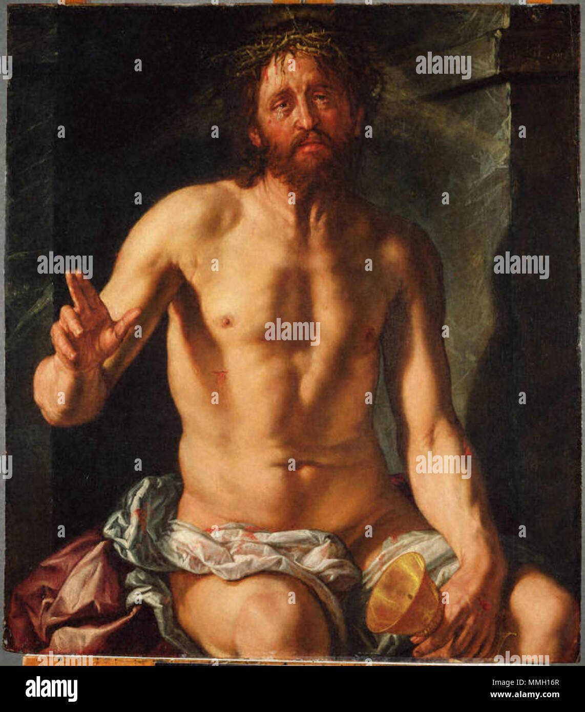 . Englisch: Katalog Eintrag: Einen leidenden Christus mit einem dreieckigen Nimbus und Dornenkrone sitzt allein in einer Nische. Seine glühenden Fleisch Impulse mit Leben und Schmerz gegen den kalten Stein. Doch sein Körper trägt bereits die Stigmata, die fünf Wunden der Kreuzigung. Durchbohrt und Blutungen, seine rechte Hand ist ein Zeichen des Segens aufgehoben. Das ist der Mann der Schmerzen, ein mystisches Bild für die Kontemplation, die in der Späten mittelalterlichen devotional Praxis verwurzelt ist, zeigt Christus gleichzeitig Lebenden und Toten. Das Bild stützt sich auf zahlreiche Quellen, einschließlich einer Reliquie - Veronicas Veil (das Antlitz Christi wurde auf wundersame Weise eingeprägt Stockfoto