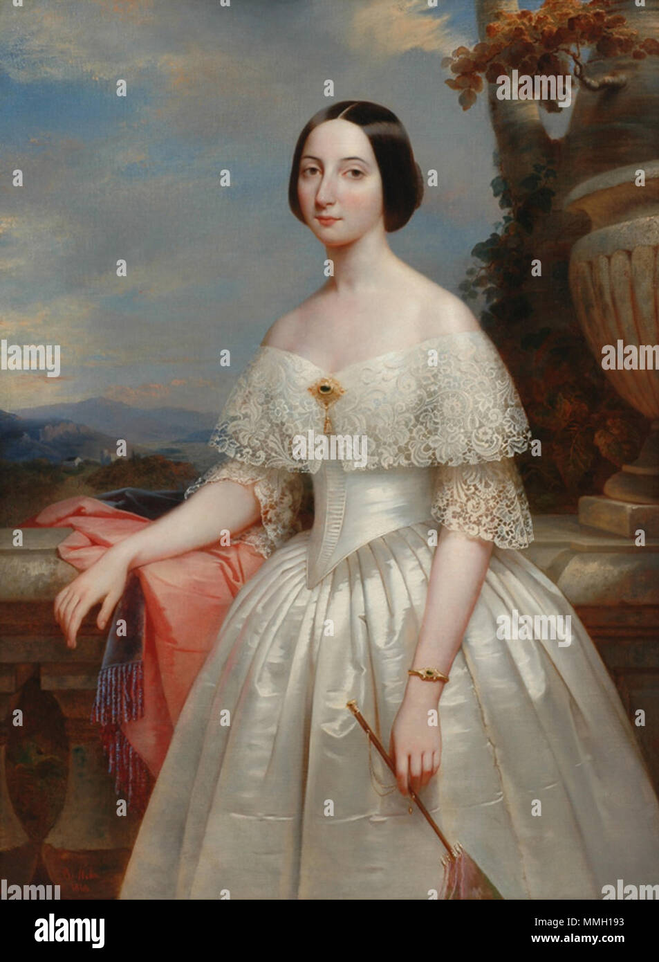. Deutsch: Sie 26 Jahre alt ist und bereits Mutter von fünf Kindern. Sie steht auf der Terrasse des Palais mit einem wunderbaren Abend Landschaft im Hintergrund. Sieben Jahre nach der Erschaffung der portrait Sie würde sterben. Portrait von Adélaïde d'Autriche (1822-1855) von Benoît-Hermogaste Molin (1810-1884). 1848. Maria Adelaide Stockfoto