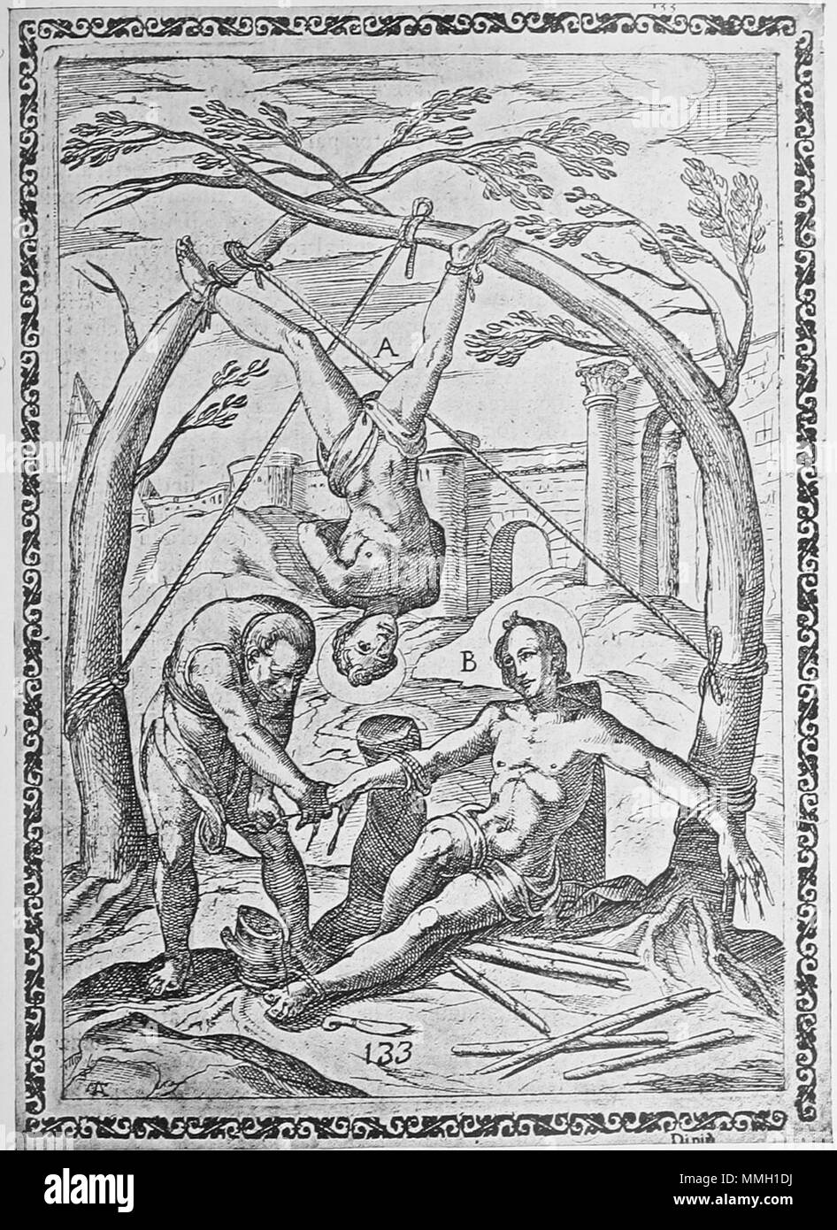 . Englisch: Holzschnitt von Tempesta zeigt eine Folter/Ausführung Szene von märtyrern Gallonio's 'Folterungen und Qualen der christlichen Märtyrer". Erste Veröffentlichung: Rom 1591/Scans von einem 1904 drucken. holzschnitt von Antonio Tempesta Gallonio Folterungen 1591 p37 Stockfoto