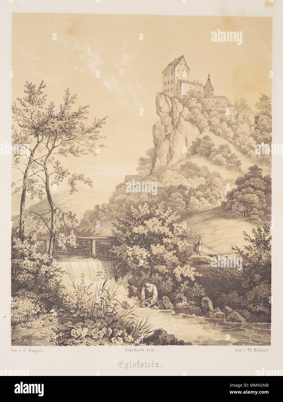 . English: Burg Egloffstein in der Fränkischen Schweiz. Der Cyclus der interessantesten Punkte aus der Umgegend von Muggendorf und Streitberg. Sechzehn in Tonne gedruckte Lithographien. Nach Originalzeichnungen von C. Kaeppel lithographirt von Th. Rothbarth. . Ca. 1840. Carl Caeppel, Th. Rothbarth Burg Egloffstein ca 1840 001 Stockfoto