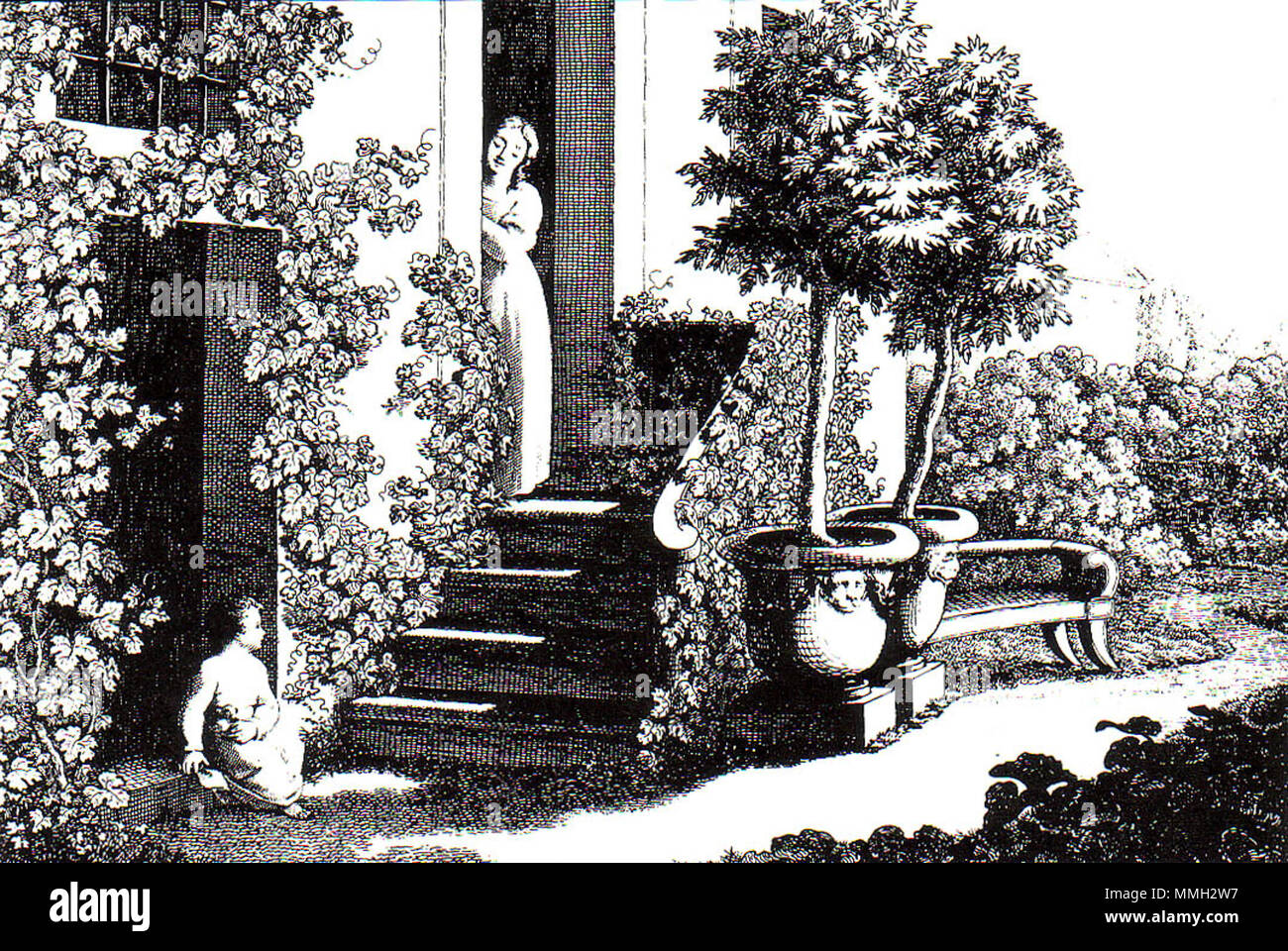 . English: Goethes Hausgarten mit Christiane Vulpius und August von Carl Lieber / Goethes Entwurf [1793] Englisch: Goethes 'Haus Garten" mit Christiane Vulpius und August von Carl Lieber nach einer Skizze von Goethe [1793] Română: Grădina lui Goethe, cu Christiane Vulpius și August de Carl Lieber după schiţa lui Goethe [1793]. 1793. Carl Lieber Carl Lieber - Christiane und August in Goethes Hausgarten-1793 - Stockfoto