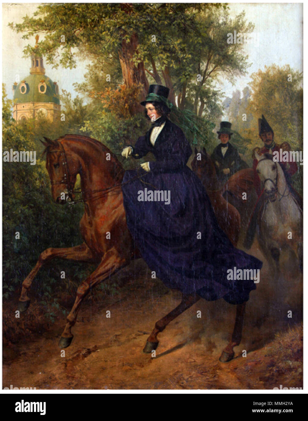 Englisch: Reiten Fuerstin Liegnitz (1800-1873) Deutsch: Ausritt der Fürstin Liegnitz (1800-1873) im Schlosspark Charlottenburg, die zweite Ehefrau des Koenigs Friedrich Wilhelm III. von Preußen. 19. Franz Krüger Ausritt der Fuerstin Liegnitz Stockfoto