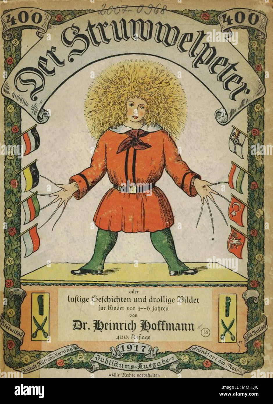. Der Struwwelpeter: Buchdeckel vorn. creatd 1858 Beiwerk (Flaggen, Jahreszahl und Auflagennummer) 1917, geringe Schöpfungshöhe. Heinrich Hoffmann (1809 - 1894) Alternative Namen Polycarpus Gastfenger; Heulalius von Heulenburg; Peter Struwwel; Reimerich Kinderlieb Beschreibung deutsche Autor Thema Der Struwwelpeter Datum der Geburt / Tod 13 Juni 1809 20 September 1894 Ort der Geburt / Todes Frankfurt München standort Deutschland Authority control: Q 215724 VIAF:?:? ISNI 76317116 0000 00008155 9420 LCCN:?n 79150242 35402368 MusicBrainz NLA:?:?7e65f2d5-a3ad-41b 1-8643 d -81659 4774 fb WorldCa Stockfoto