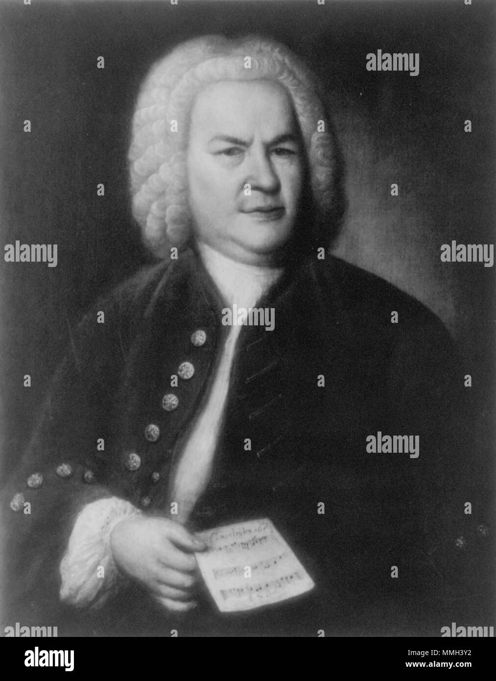 . BACH, JOHANN SEBASTIAN. Reproduktion der Gemälde von Elias Gottlob Haußmann im Stadtgeschichtlichen Museum Leipzig. [Kein Datum zum Produkt gefunden.] Portrait von Johann Sebastian Bach. 1746. Bach schwarz &Amp; Weiß Stockfoto