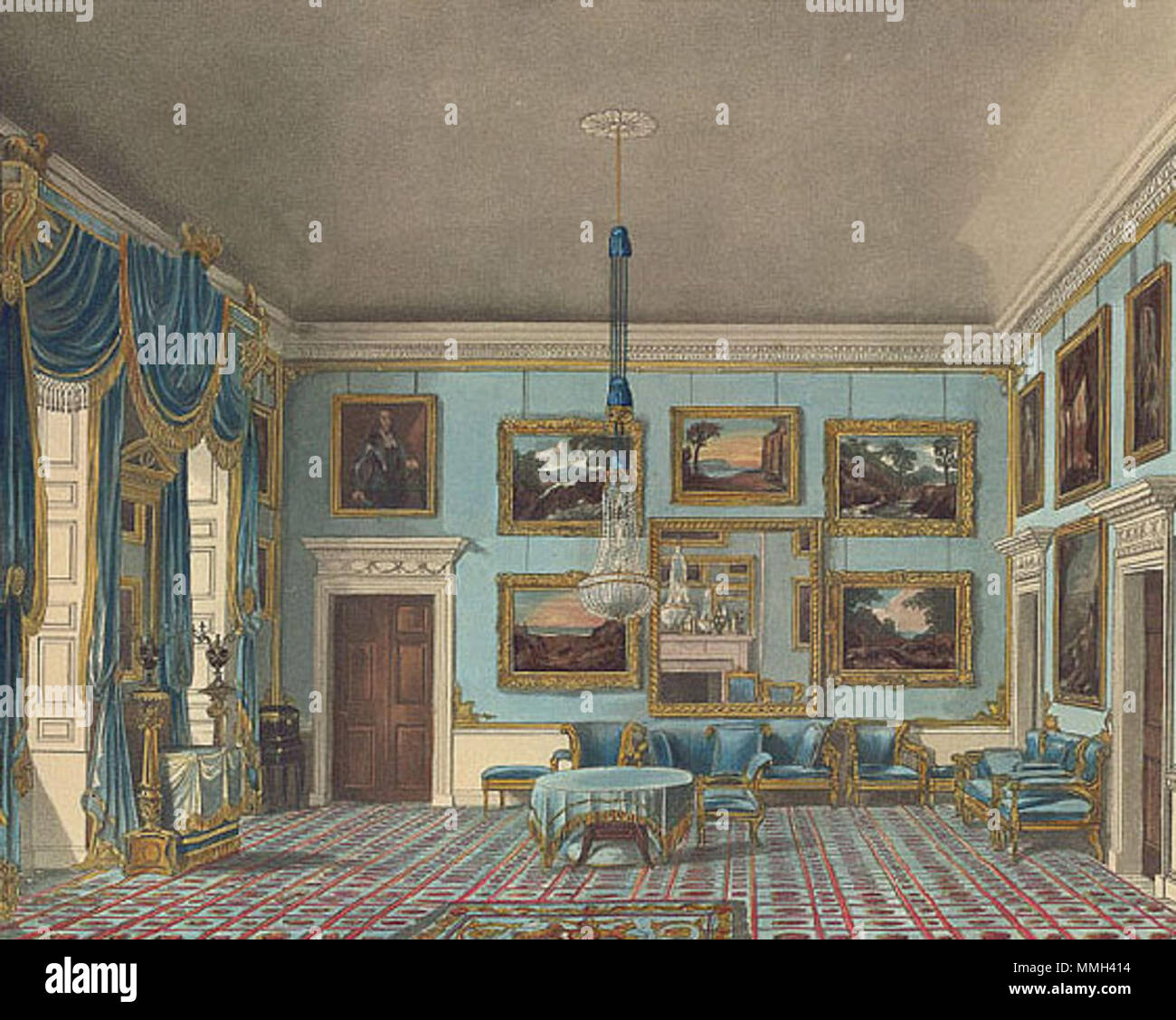 . Englisch: Ein Blick auf die Blue Velvet Zimmer am Buckingham House, später umgebaut wie Buckingham Palace Buckingham House: Blue Velvet Room. 1817. Pyne Blue Velvet Room Buckingham house bearbeitet Stockfoto