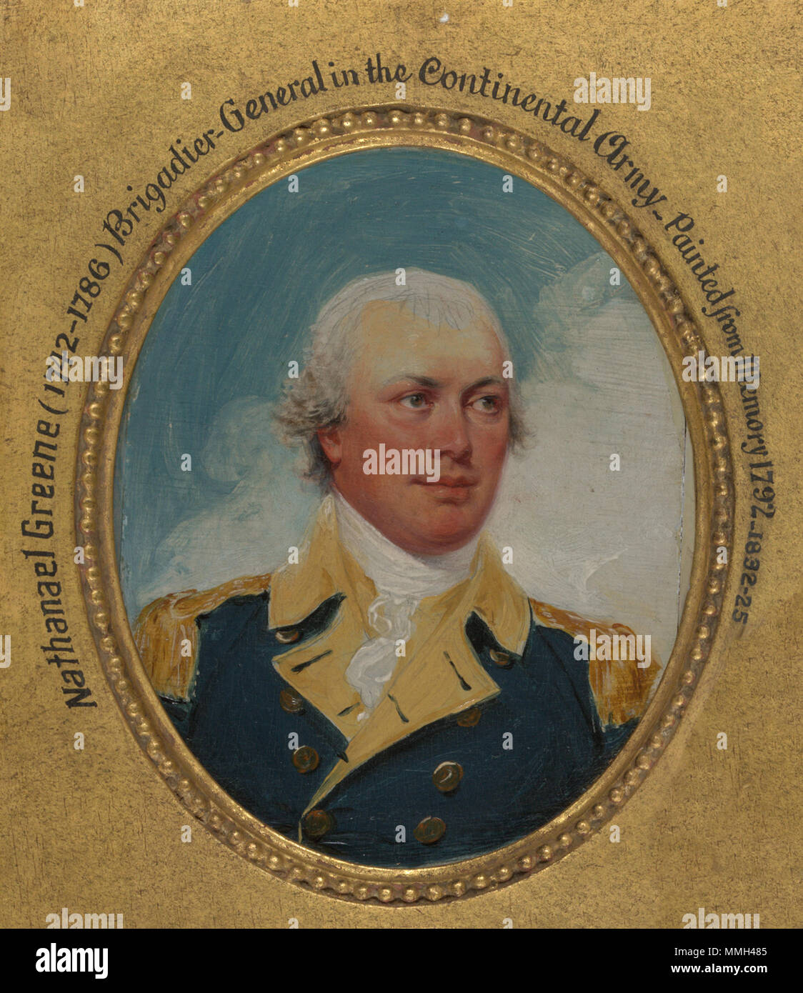 . Deutsch: "Nathanael Greene, "Porträt des Amerikanischen Unabhängigkeitskrieges allgemeine durch Connecticut Künstler John Trumbull (1756-1843). Öl auf Holz. Mit freundlicher Genehmigung des Trumbull Sammlung, Yale University Art Gallery, Yale University, New Haven, Anschl. Nathanael Greene (1742-1786). 1792. Nathanael Greene von John Trumbull 1792 Stockfoto