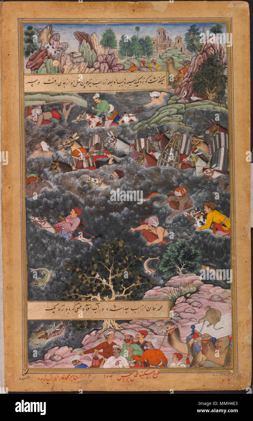 . Es zeigt das Ertrinken von Pir Muhammad Khan, einer der Generäle der Großmogul Akbar (1556 - 1605), in der Narbada Fluss in Indien im Jahre 1562. In der Mitte des Bildes die kaiserliche Armee kann man Furt des Flusses entweder zu Pferd oder auf überhöhten Skins werden. Zusammengestellt von der Mughal Gericht artist Miskina mit Details von Paras. Die Vielfalt der Tiere (Pferde, Kamele, Ziegen, Krokodile, Vögel, Fische und ein Affe) zeigt Miskina der Beschäftigung mit dem Tierreich gemalt. Akbars Allgemein, Pir Muhammad, ertrinkt, während der Überquerung der Narbada, 1562 von der Akbarnama. ca. 159 Stockfoto