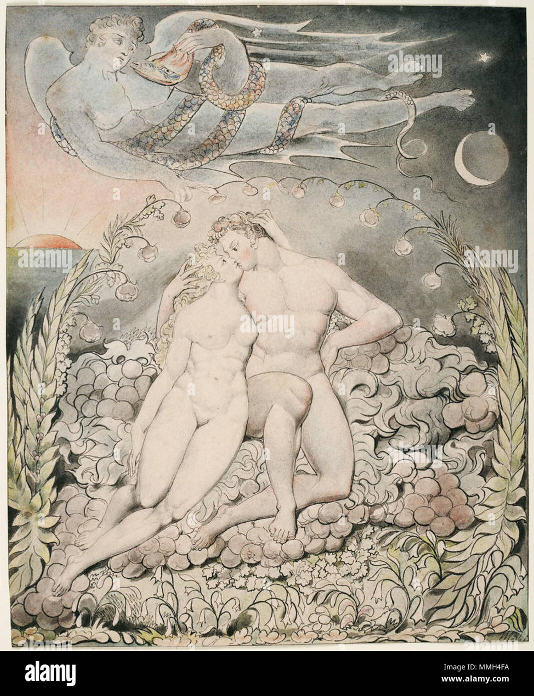 . Englisch: Aquarell von Blakes Illustrationen zu Paradise Lost, die Thomas Set Português: Satã observando o Amor de Adão e Eva/William Blake. . Ca. 1807. Kunst von William Blake Aber 529.1.5.wc.100 Stockfoto