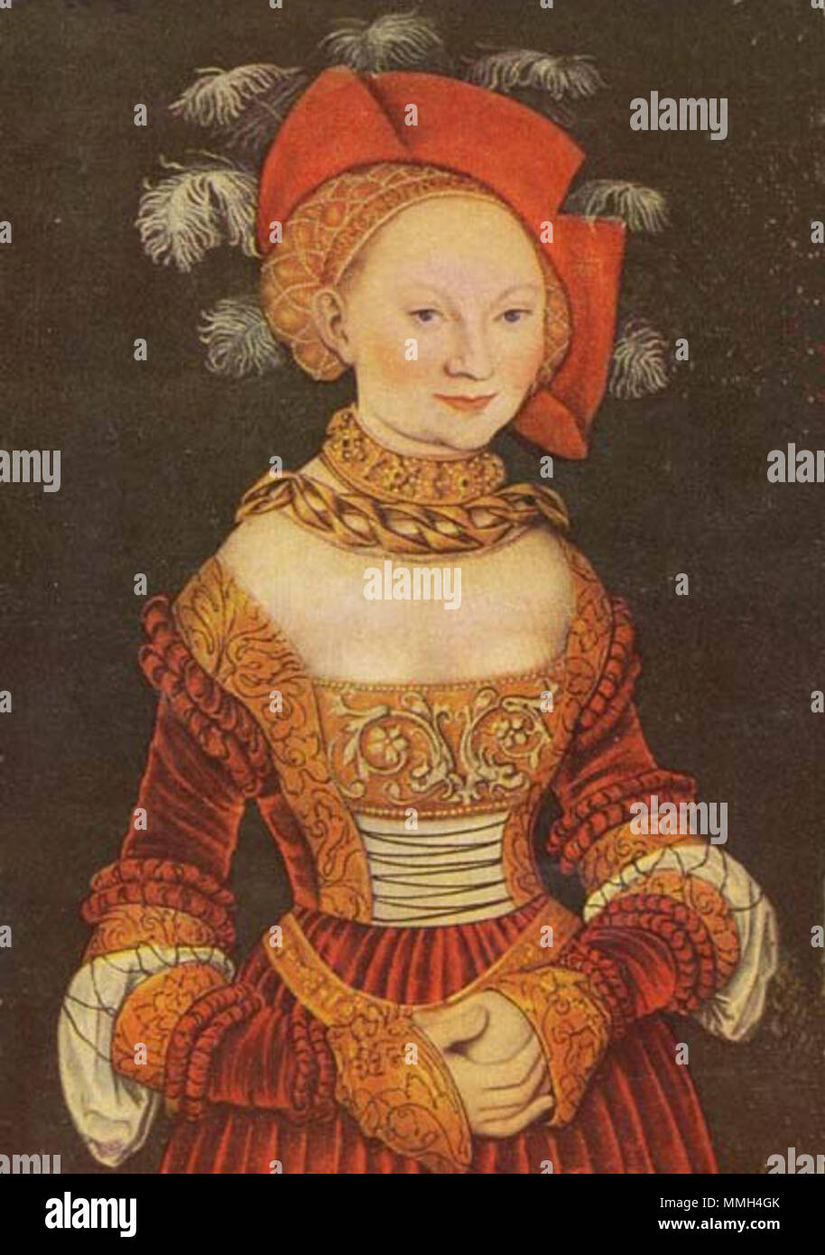 . Dieses Bild ist der mittlere Teil der Prinzessinnen Sibylla (1515-1592) (1516-1591), Emilia und Sidonia von Sachsen (1518-1575) Emilia (1516-1591) von Sachsen. ca. 1535. 1516 Emilia Stockfoto