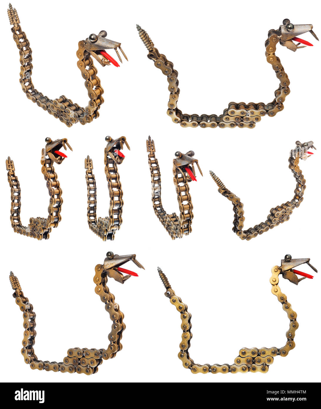 Handgefertigte dekorativer Schlange. Reptile aus motorradteile Kette, Lager, Schrauben. Künstlerisches Objekt gemalt auf Gold, isoliert auf einem weißen backgr Stockfoto