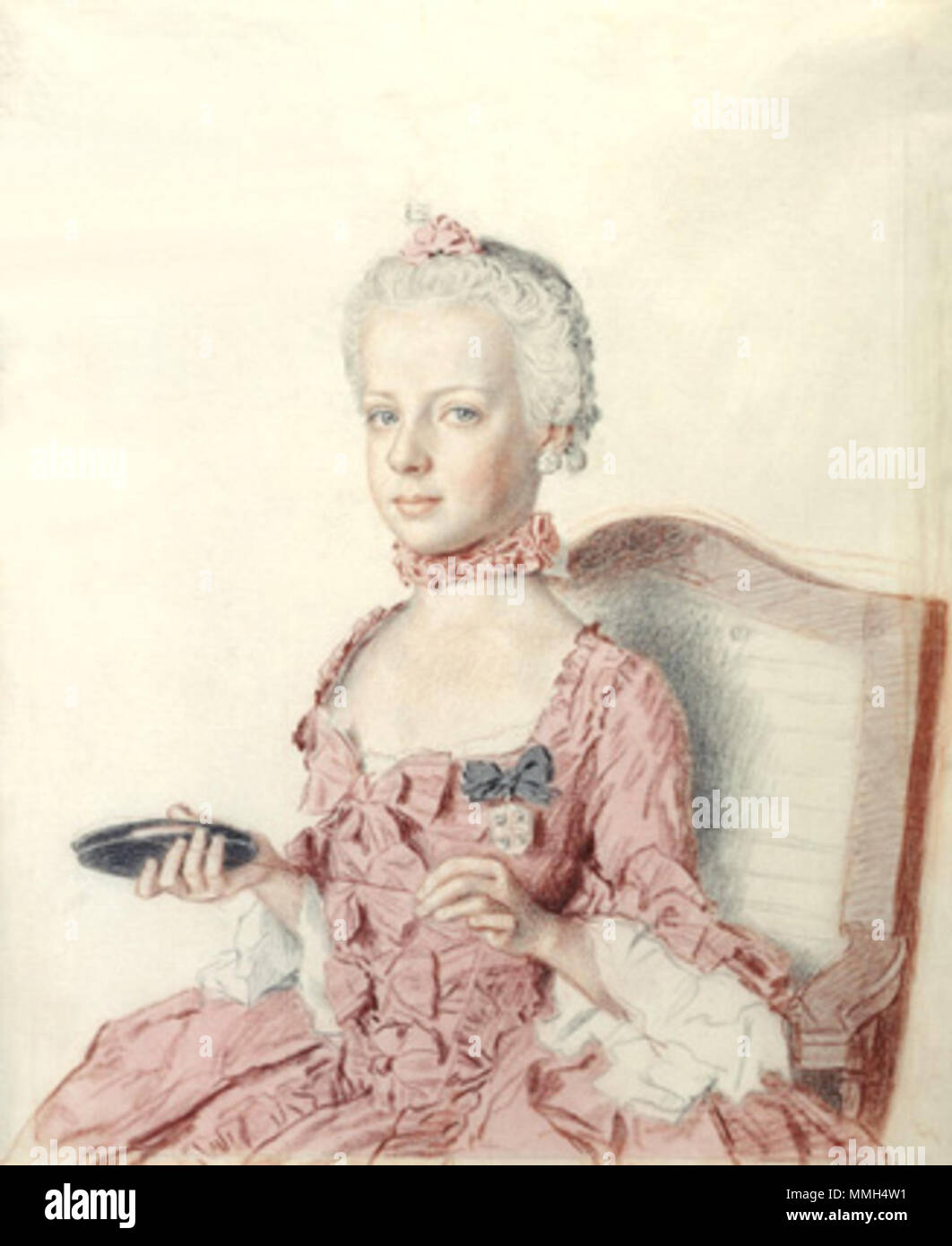 Der erzherzogin Marie-Antoinette von Österreich (1755 - 1793) (LÕarchiduchesse Marie-Antoinette dÕAutriche), 1762, Schwarze Kreide, Graphit, Bleistift, Aquarell und Pastell auf sehr dünnen weißen Papier 31,1 x 24,9 cm. MusŽes dÕart et dÕhistoire, Genf Jean-Étienne Liotard, L'Archiduchesse Marie-Antoinette d'Autriche, zukünftige Reine de France, à l'âge de 7 ans (1762) - 01. Stockfoto