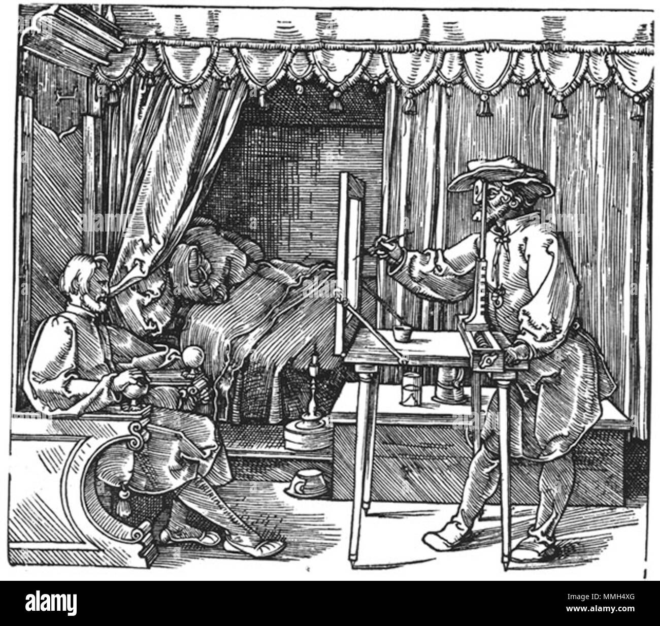 . Albrecht Durer ein Künstler Zeichnung einer sitzenden Mann 1525 eine wichtige mechanische Vorrichtung entwickelt, um die porträtist zu helfen war eine quadratische Scheibe, auf der die Künstler verfolgt die Umrisse der Sitter. Von hier aus die Konturen wurden auf die Platte kopiert. Würde der Künstler seine sitter Blick durch ein Guckloch befindet sich oben auf einer Stange, deren Höhe konnte bisweilen - wie oben gesehen - angepasst werden. Diese Maschine aktiviert Künstler die Grundsätze der zentralen Perspektive in Leon Battista Alberti's Traktat über die Malerei (c. gelten 1435). . 1525. Albrecht Dürer Albrecht Dürer - ein Künstler zeichnen Stockfoto