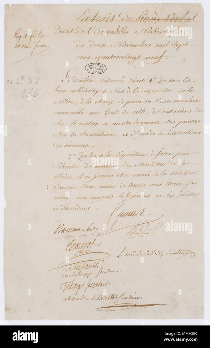 Décret de saisie des biens du clergé Stockfoto