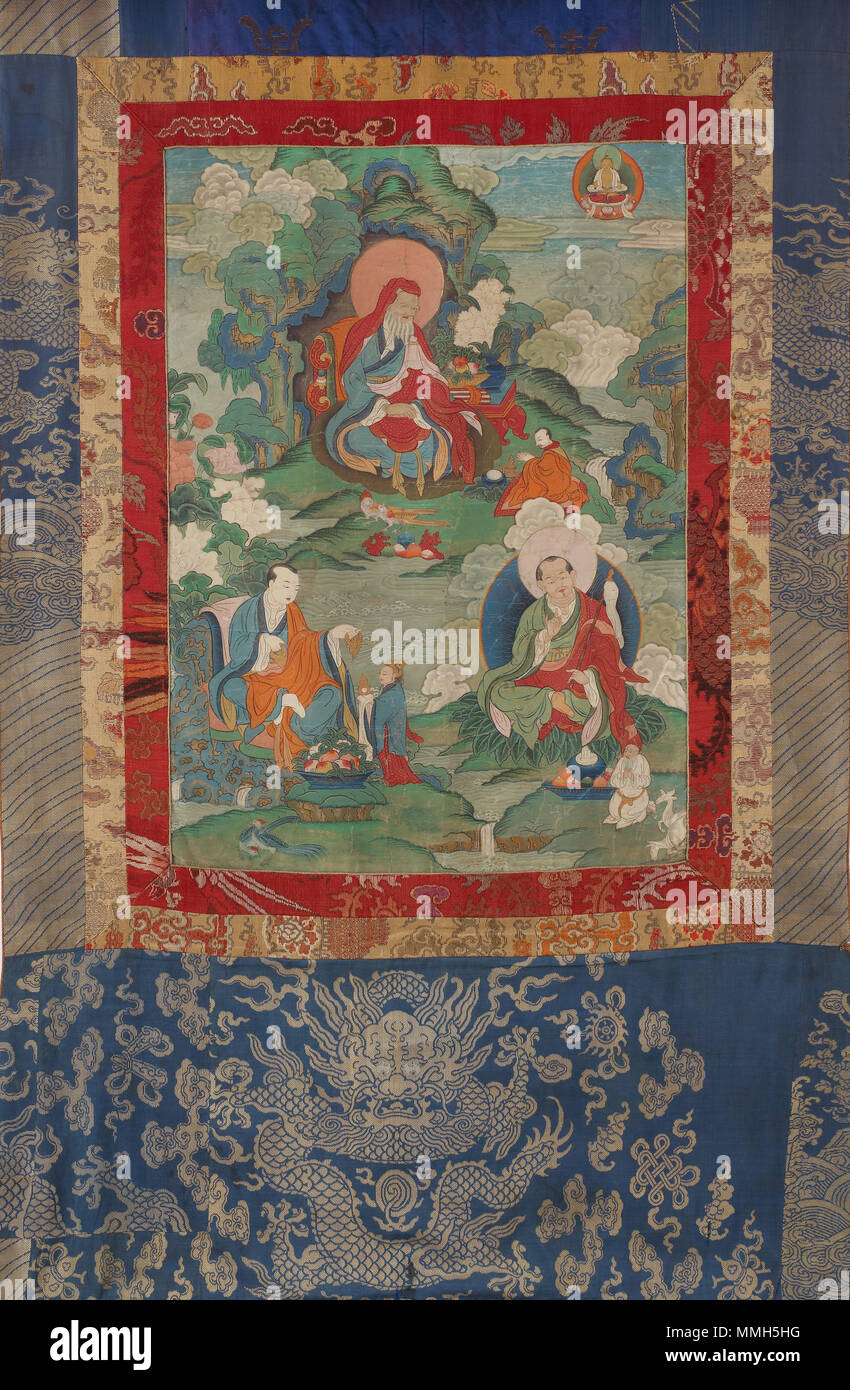 . Englisch: Arhats Ajita, Kalika, und Vanavasin, aus einer sechs-teilige Set von Arhat unsterblich Thangkas. Mineralische Pigmente auf der mittleren Baumwolle, H x W (Gesamt): 144,8 x 78,7 cm (57 x 31), H x W (Malerei): 61 x 34,3 cm (24 x 13 1/2 in). Tsang, Zentraltibet, aus der Alice S. Kandell Sammlung. Freier Kunst- und Arthur M. Sackler Galerie. Beitritt Nummer: S 2013.28.2. . 19. Unbekannt / Smithsonian Institution Arhats Ajita, Kalika, und Vanavasin FS -7620 03. Stockfoto