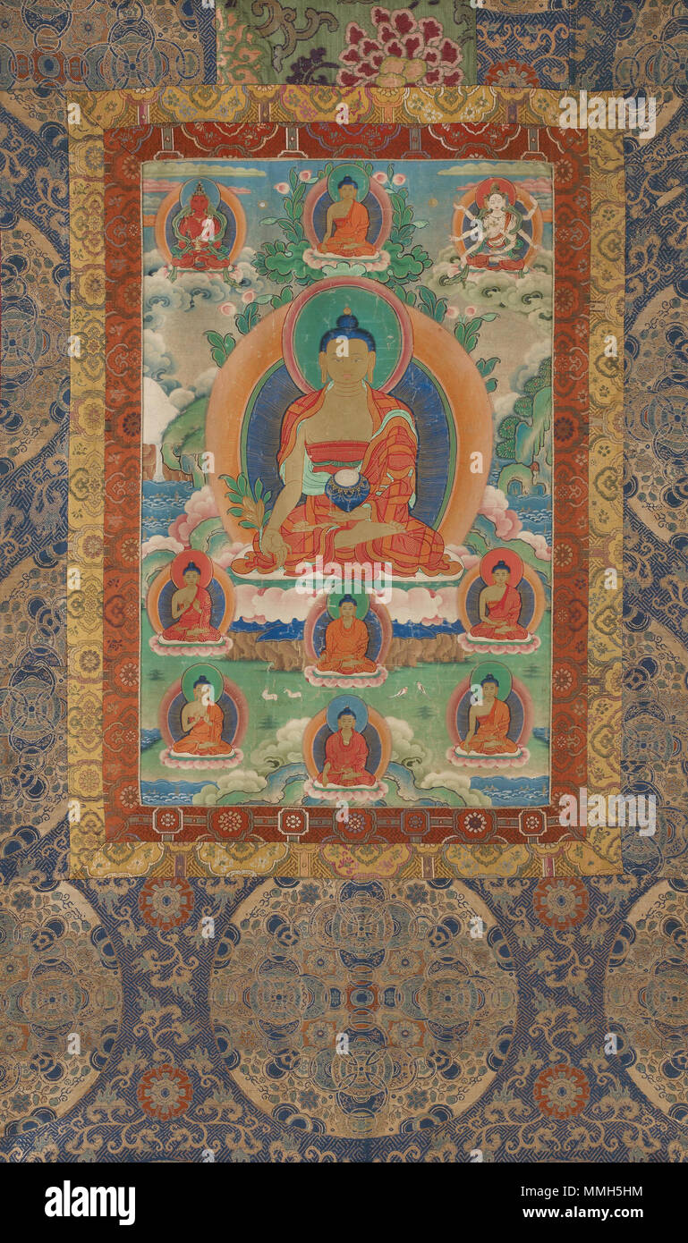 . Englisch: bhaishajya Guru, von einem 4-teilige Set von thangkas. Mineralische Pigmente auf der mittleren Baumwolle; chinesischen Qing Brokat, Seide, Staubschutzhülle und Bändern; jagte Silber Kappen. H x W (Gesamt): 127 x 66 cm (50 x 26), H x W (Malerei): 61 x 38,1 cm (24 x 15). Lhasa, Tibet, aus der Alice S. Kandell Sammlung. Beitritt Nummer: S 2013.29.1. . Ende des 19. Jahrhunderts. Unbekannte Bhaishajya Guru FS -7620 13. Stockfoto