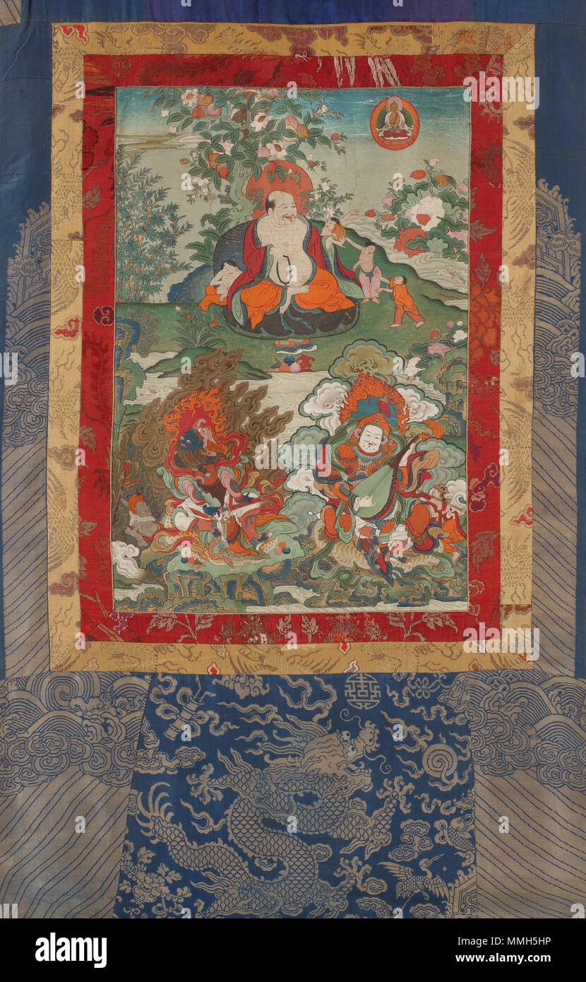 . Englisch: Hva Shang und Lokapalas Virudhaka und Dhrtarashta, aus einer sechs-teilige Set von Arhat unsterblich Thangkas. Mineralische Pigmente auf der mittleren Baumwolle, H x W (Gesamt): 144,8 x 78,7 cm (57 x 31), H x W (Malerei): 61 x 34,3 cm (24 x 13 1/2 in). Tsang, Zentraltibet, aus der Alice S. Kandell Sammlung. Beitritt Nummer: S 2013.28.4. . 19. Unbekannte Hva Shang und Lokapalas Virudhaka und Dhrtarashta, FS -7620 07. Stockfoto