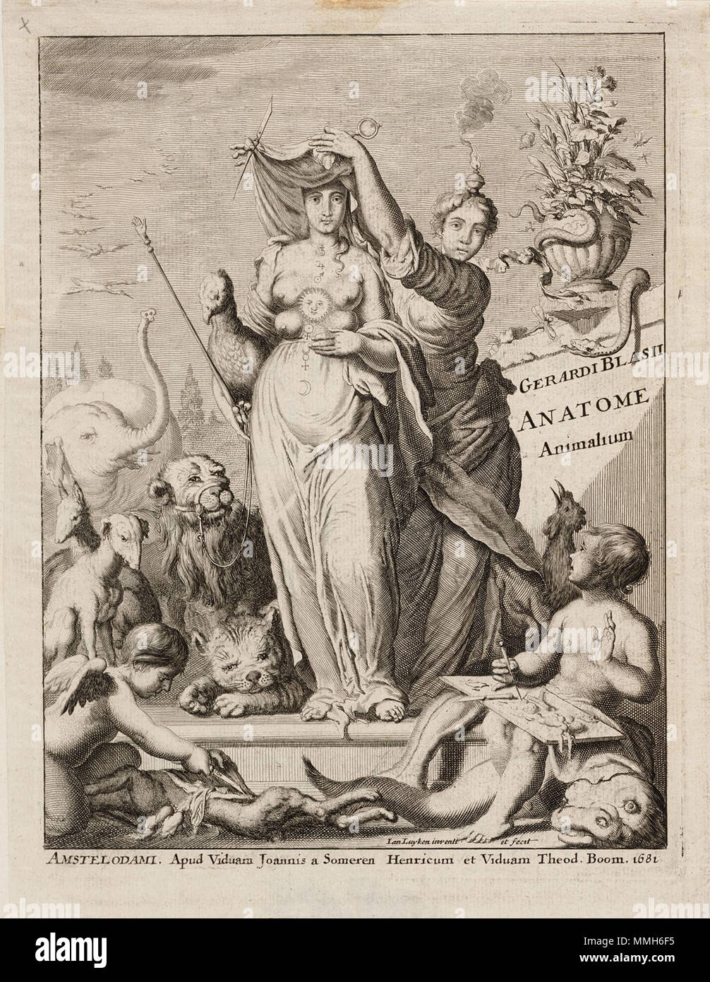 . Englisch: Frontispiz das Buch Anatome Animalium von Gerhard Blasius. Es zeigt eine Personifikation der Wissenschaft Enthüllung eine Personifikation der Natur, deren Erscheinungsbild durch die klassische Göttinnen Artemis und Isis inspiriert ist. . 1681. Von Jan Luyken Anatome Animalium Frontispiz eingraviert Stockfoto