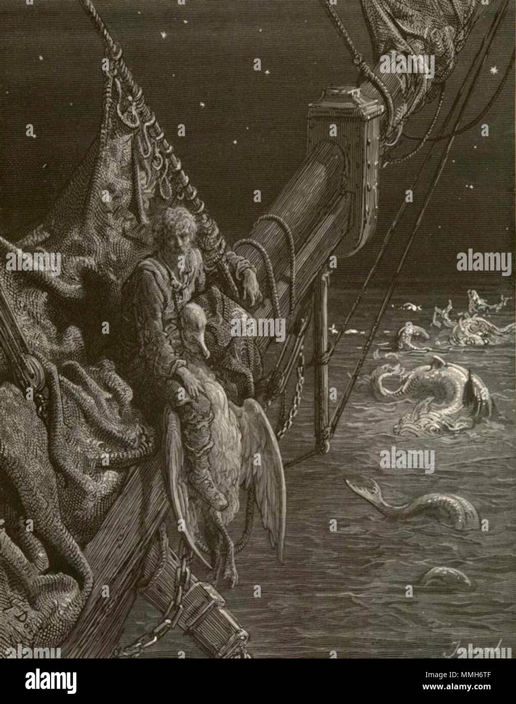 . Englisch: Kupferstich von Gustave Doré für eine Ausgabe 1876 von Samuel Taylor Coleridge Die Ballade vom alten Seemann. Untertitel 'Ich sah den Water-Snakes", es zeigt eine Sailor auf der Bugspriet eines Segelschiffes zu einer toten Albatross gebunden, mit Wasser - Schlangen im Meer um ihn herum. . 1876. Gustave Doré (1832-1883) Alternative Namen Paul Gustave Doré, Paul Gustave Doré Louis Christophe Beschreibung französischer Maler, Zeichner, Kupferstecher und Karikaturist Geburtsdatum / Tod am 6. Januar 1832 23. Januar 1883 Ort der Geburt / Tod Strasbourg Paris arbeiten Standort Paris Behörde kontrollieren: Stockfoto