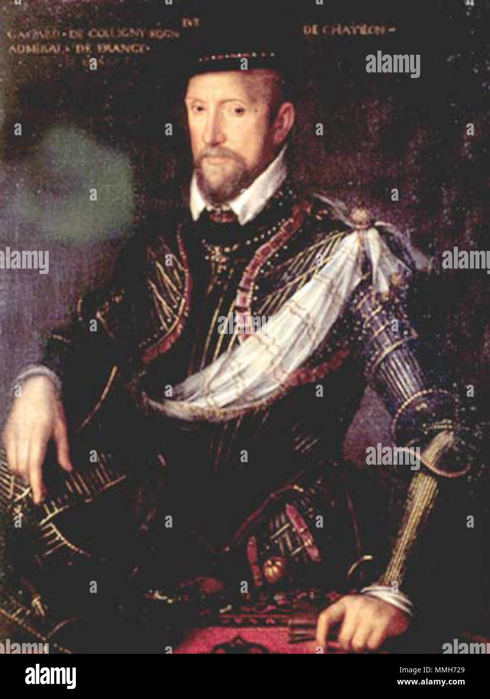 . Gaspard II von Coligny (1519-1572), Admiral von Frankreich (16. Jahrhundert), Öl auf Leinwand, 72 x 99 cm, Bibliotheque de l'Histoire du Protestantisme, Paris Gaspard II. von Coligny, Admiral von Frankreich. 16. Jahrhundert. Gaspard de Coligny Stockfoto