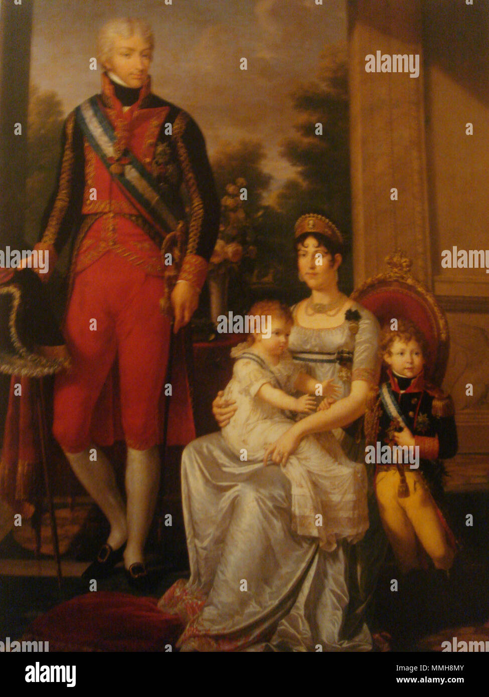 . Portrait von Louis der Familie Etruria, ihre Frau Königin Maria Luisa (geb. María Luisa von Spanien) und ihre zwei Kinder: Charles Louis (1799-1883) und Maria Luisa Carlota, Kronprinzessin von Sachsen (1802 - 1857). Spanisch: Los Reyes de Etrurien y sus Hijos die Familie des Königs von Etrurien. 1804. Familia Real de Etruria Stockfoto