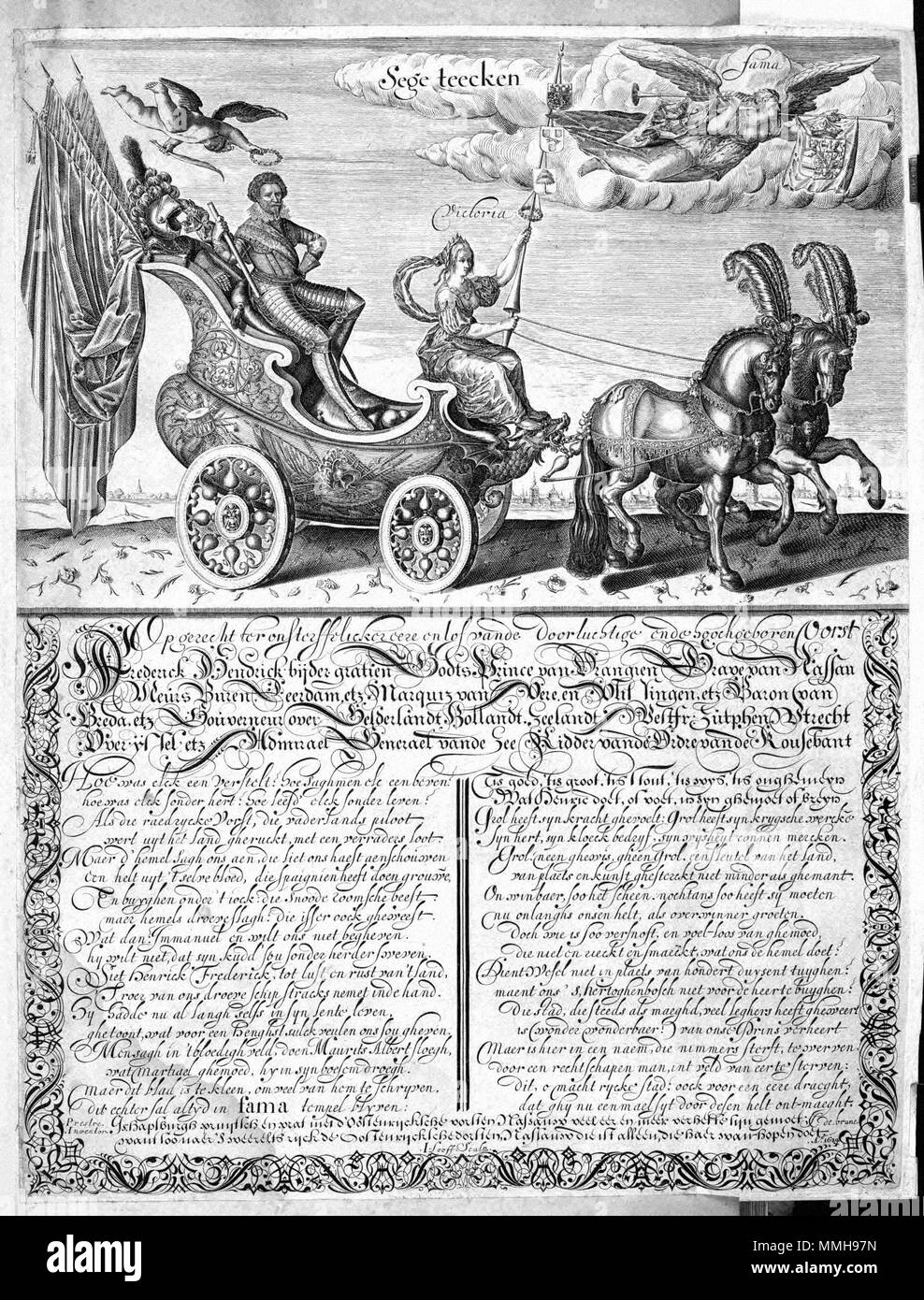 . Nederlands: Deze prent werd vervaardigd Tür de Middelburgse graveur Jan Looff. Werd Dit zegeteken opgericht ter herinnering van Frederik Hendriks verovering van 's-Hertogenbosch in 1629. Englisch: Dieser Ausdruck wurde von der kupferstecher Jan Looff aus Middelburg produziert. Dieser Sieg Zeichen errichtet wurde Frederik Hendriks Sieg des zu gedenken - Hertogenbosch in 1629. Sege - teecken Opgerecht ter onsterffelicker eere en los Vande doorluchtige Ende hoochgeboren vorst Frederik Hendrick... Autor: Prestre Erfinder I. Looff Sculp. I.s. de Brune ein 1629 Herausgeber: Seriennr. Atlas Beudeker-C 9 E 10 011 04 X-sege-te Stockfoto
