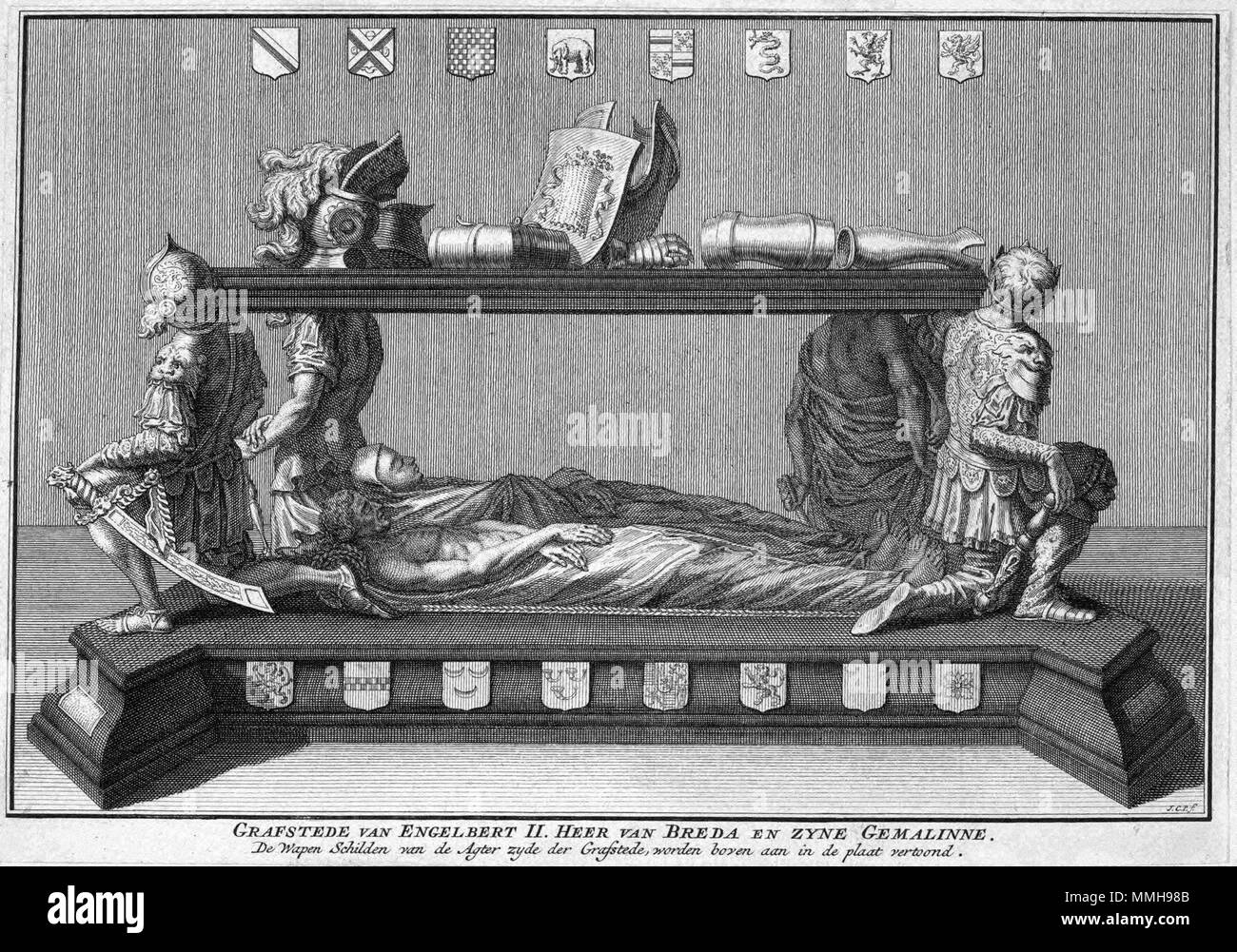 . Nederlands: op deze prent van de Antwerpse graveur Jan Caspar Philips (overleden Ca. 1763) ist Het praalgraf afgebeeld van Engelbert II. von Nassau (1451-1504) en zijn echtgenote. Het Graf bevindt Zürich in De Grote Kerk in Breda. Englisch: Das Drucken durch die Antwerpen Kupferstecher Jan Caspar Philips (verstorben C. 1763) zeigt den Gedenkstein des Grafen Engelbert II van Nassau (1451-1504) und seine Frau. Der Gedenkstein ist in der Grote Kerk in Breda. GRAFSTEDE VAN Engelbert II. HEER VAN BREDA EN ZYNE GEMALINNE.. Nederlands: eerste helft 18 de eeuw Englisch: Erste Hälfte 18. Jahrhundert. Autor: J.C. Stockfoto