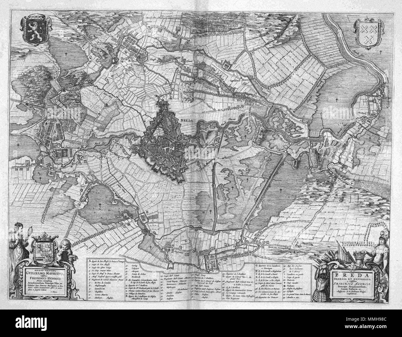 . Deutsch: 1624 werd Breda de Spanjaarden op de Republiek veroverd. In 1637 werd de stad heroverd Door een Nederlands leger onder aanvoering van Frederik Hendrik. Op deze kaart, Opgenomen in het stedenboek van Joan Blaeu (1596-1673) uit 1649, ist deze Stichwörter in Beeld des Afrikaans Referenzen. In de Legenda langs de onderzijde van de kaart Nordworden de verschillende belegeringswerken rondom de stad toegelicht. Englisch: Breda wurde von Spanien erobert auf der niederländischen Republik im Jahr 1624. Die Stadt wurde 1637 durch ein Heer unter der Führung von Frederik Hendrik zurückerobert. Diese Karte, die in Joan Blaeus (1596-1673) enthalten ist Stockfoto