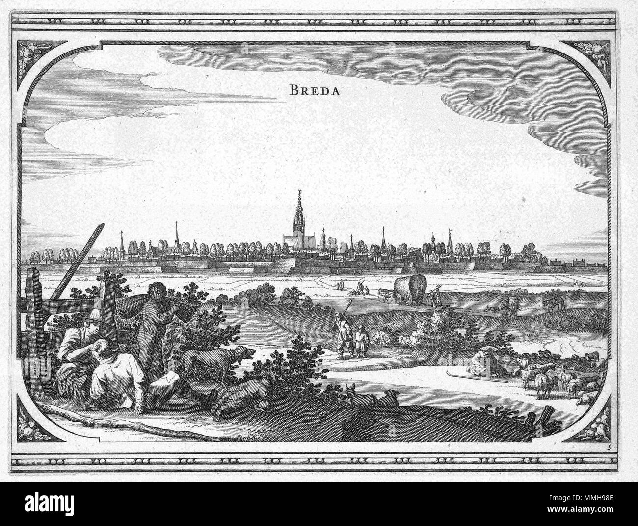 . Nederlands: Deze afbeelding van de stad Breda werd gegraveerd Tür L. Jordaens. Het stadsgezicht wurde de in een Reeks prenten Sterben negende 1660 Tür Nicolaes visscher I (1618-1679) Werdener gepubliceerd in zijn Theatrum Urbium Ducatus praecipuarum Brabantiae. Englisch: Diese Ansicht der Stadt Breda wurde durch L. Jordaens eingraviert. Die Aussicht war das neunte in einer Reihe von Ausdrucken veröffentlicht von Nicolaes visscher I (1618-1679) in seinem Theatrum Urbium Ducatus praecipuarum Brabantiae von 1660. Rechtsonder: 9 BREDA. 1660. Autor: L. Jordaens Herausgeber: Nicolaes Visscher (1618 - 1679) Alternative Namen Stockfoto