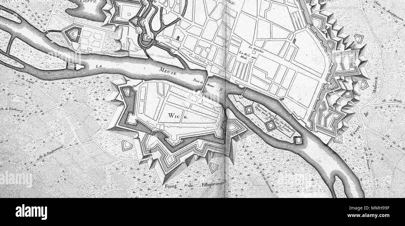 . Englisch: Detail eines französischen Karte der Befestigungsanlagen von Maastricht, Niederlande, im Jahr 1708 in Paris veröffentlicht. Dieser Abschnitt zeigt die Befestigungsanlagen in Wyck und an der Maas. . 18 Dezember 2007, 14:33:43. Unbekannter Kartograph. Herausgeber: Baillieux, Paris (1708) Atlas Beudeker-C 9 E 10 044 14 X-PLAN DE MAESTRICH - Wycker &Amp; Maasfortificaties 1708 Stockfoto
