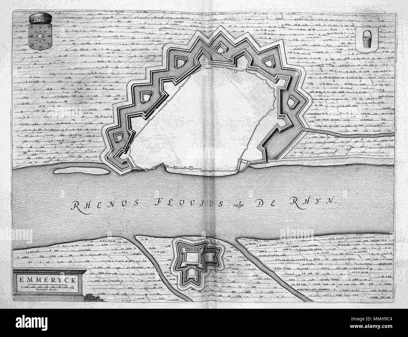 . Nederlands: Deze plattegrond van de Duitse stad Emmerik werd 1649 stedenboek gepubliceerd in het van Joan Blaeu (1596-1673). In deze Atlas Blaeu bracht Meer dan 200 plattegronden Samen van Nederlandse steden en verschillende forten. Deze kaart komt voor in het eerste Deel van het dat stedenboek hoofdzakelijk ist gewijd aan de Noordelijke Nederlanden. Englisch: Diese Karte von der deutschen Stadt Emmerik in Joan Blaeus (1596-1673) Stadt Bücher der Niederlande im Jahre 1649 veröffentlicht wurde. In diesem Atlas Blaeu veröffentlichte mehr als 200 Stadt plant der niederländischen Städte und Festungen. Diese Karte wurde in t enthalten Stockfoto