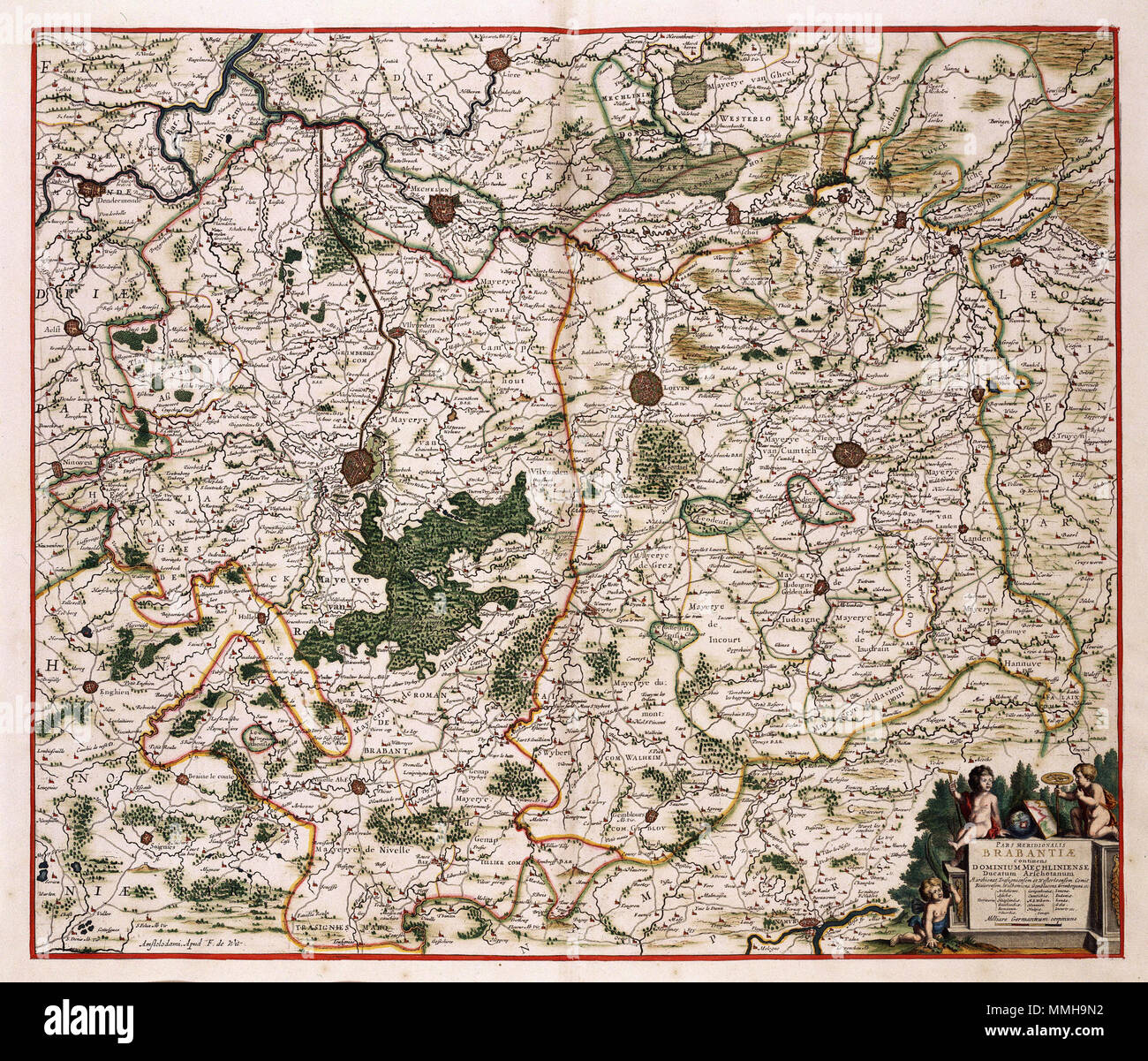 . Nederlands: Deze kaart van Vlaams Brabant een ist uitgave van Frederik de Wit (1630-1706). Zoals häufig van de uitgaven van deze Amsterdamse uitgever ist ook deze kaart ongedateerd. Waarschijnlijk bediende De Wit Zürich bij de samenstelling van deze kaart van het hertogdom Brabant van Claes Jansz. Visscher (1587-1652) uit 1656. Englisch: Diese Karte von Flämisch-brabant wurde von Frederik de Wit (1630-1706). Wie die meisten seiner Karten, das ist auch nicht altmodisch. Für diese Karte, De Wit kann eine Karte des Herzogtums Brabant von Claes Jansz verwendet haben. Visscher (1587-1652) von 1656. PARS MERIDIONALIS BRABANTIAE cont Stockfoto