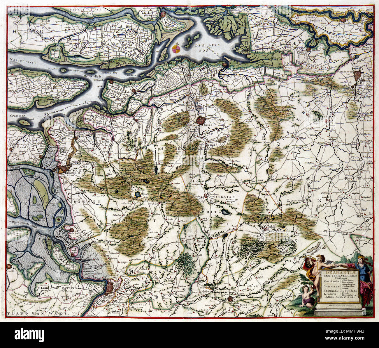 . Nederlands: Deze kaart van Vlaams Brabant een ist uitgave van Frederik de Wit (1630-1706). Zoals häufig van de uitgaven van deze Amsterdamse uitgever ist ook deze kaart ongedateerd. Waarschijnlijk bediende De Wit Zürich bij de samenstelling van deze kaart van het hertogdom Brabant van Claes Jansz. Visscher (1587-1652) uit 1656. Englisch: Diese Karte von Flämisch-brabant wurde von Frederik de Wit (1630-1706). Wie die meisten seiner Karten, das ist auch nicht altmodisch. Für diese Karte, De Wit kann eine Karte des Herzogtums Brabant von Claes Jansz verwendet haben. Visscher (1587-1652) von 1656. BRABANTIAE PARS-SEPTENTRIONALIS. Stockfoto