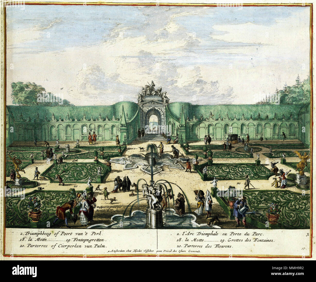 . Nederlands: Romeyn de Hooghe (1645-1708) graveerde omstreeks 1685 in opdracht van de uitgever Nicolaes Visscher II (1649-1702) een Serie prenten van de beroemde Tuin van Enghien, sogar zehn zuiden Van Brussel. In dit grote Park waren verschillende fonteinen ontworpen, waaronder grotfontein Voldoet. Met de aanleg van deze Grot een kostbare aangelegenheid denkbeeldige tuinarchitect bedoelde de een Wereld van Stenen, schelpen en Wasser te scheppen. Een imitatie van de Natuur sterben bij uitstek verbonden met allerlei Klassieke denkbeelden über Kunst, Kunst en nicht te Vergessen de Liefde.; Cijfers (2, 18. Stockfoto