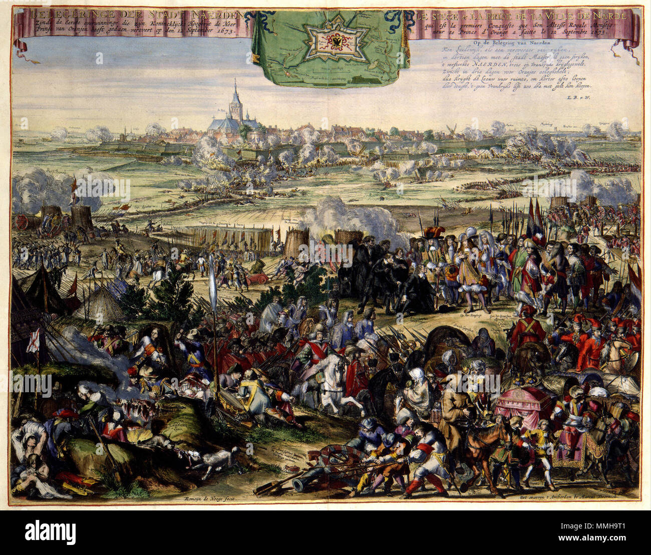 . Nederlands: Im April 1672 verklaarden Engeland en Frankrijk de Nederlandse Republiek de oorlog. Nadat Franse troepen op 12 Juni 1672 De Rijn bij Lobith waren overgetrokken stortten de Nederlandse verdedigingslinies ineen. Alleen door een Deel van Holland en Brabant onder Wasser te Zetten, de zogenaamde Waterlinie, wisten Holland en Zeeland te Houden stehen. Na de Val van het Staats bewind machtsovername Van De Stadhouder Willem III, werd met de herovering van de vesting Naarden op 12 September 1673 Een groot tegenoffensief ingezet. De succesvolle Stichwörter en inname van de Sperrfrist ist hier Stockfoto