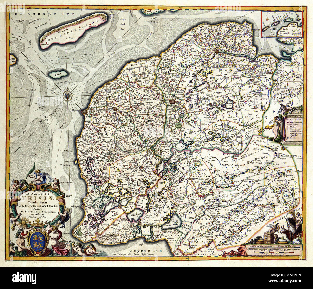. Nederlands: De provincie Friesland behoorde in de 17 de eeuw tot De beste gekarteerde provincies van de Republiek. Dat war de Verdienste van de Christiaan de Bernard Schotanus eine Steringa. Tussen 1658 en 1662 Werdener de Friese grietenijen Stuk voor Stuk opgemeten onder toezicht van de Franeker hoogleraar Christiaan Schotanus. De kaarten Sterben uit deze opmetingen resulteerden 1664 Werdener, na zorgvuldige bewerking van zijn zoon Bernard, Tür Christiaan Schotanus gepubliceerd in zijn en geschiedkundige topografische Beschreibung van Friesland. Ook äh in 1665 verscheen een Grote wandkaart van Frie Stockfoto