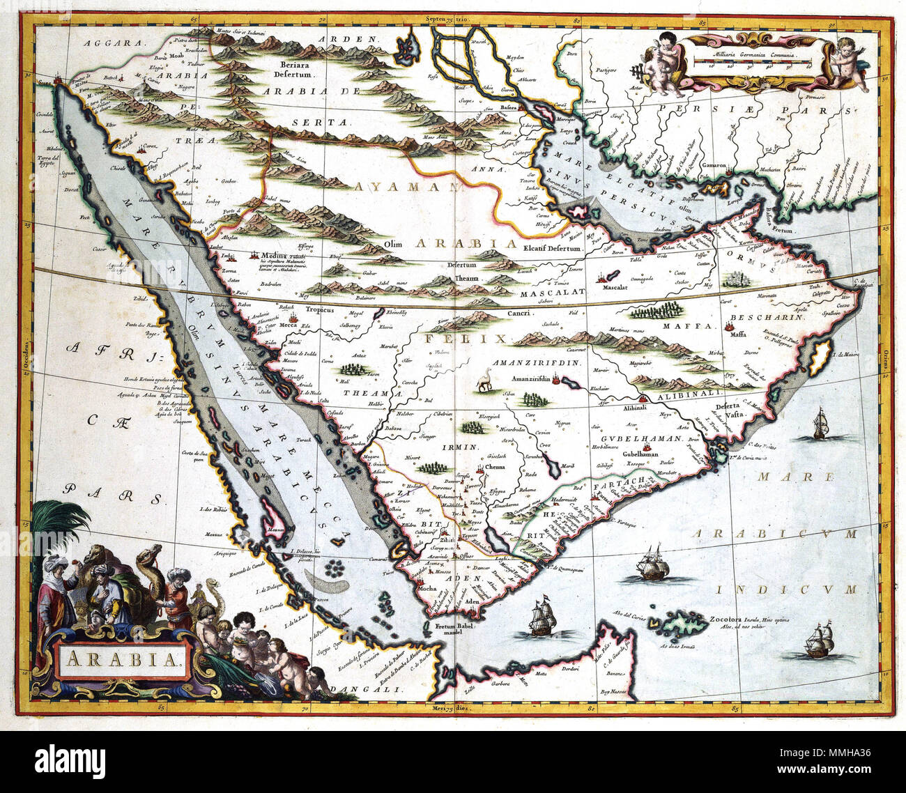 . Nederlands: Deze kaart van Arabië werd 1662 gepubliceerd in de Atlas Maior van Joan Blaeu (1598-1673). Hoewel de kaart Knoopjes voor deze uitgave werd gegraveerd, komt de 21 eerdere overeen met de kaart van het schiereiland sterben Willem Jansz. Blaeu (1571-1638) al 1608 uitgegeven hatte. Englisch: Die Karte von Arabien wurde im Jahre 1662 in der Atlas Maior von Joan Blaeu (1598-1673). Obwohl die Karte erscheint speziell für diesen Atlas eingraviert werden, das Bild ist ähnlich wie bei einer früheren Karte veröffentlicht von Willem Jansz. Blaeu (1571-1638) im Jahre 1608. Arabien. 1662. Atlas Van der Hagen - KW 1049 B 13 012 - Stockfoto