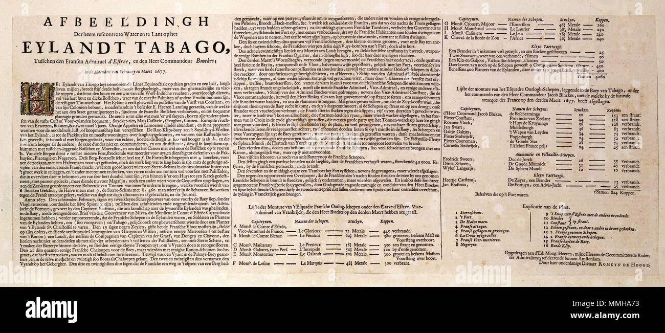 . Nederlands: Deze behoort Text bij de prent van Romeyn de Hooghe (1645-1708) van de Nederlands-Franse zeeslag bij Tobago 1677.; De prent ist Tür Romeyn de Hooghe opgedragen aan de Admiraliteit van Amsterdam Englisch: Dieser Text begleitet das Drucken von Romeyn de Hooghe (1645-1708) Über die Seeschlacht in der Nähe der Insel Tobago in 1677. Text bij de historieprent van de Nederlands-Franse zeeslag bij Tobago Autor: Romeyn de Hooghe Herausgeber: Onbekend/unbekannt Atlas Van der Hagen - KW 1049 B13 084 2-Text bij de historieprent van de Nederlands-Franse zeeslag bij Tobago Stockfoto