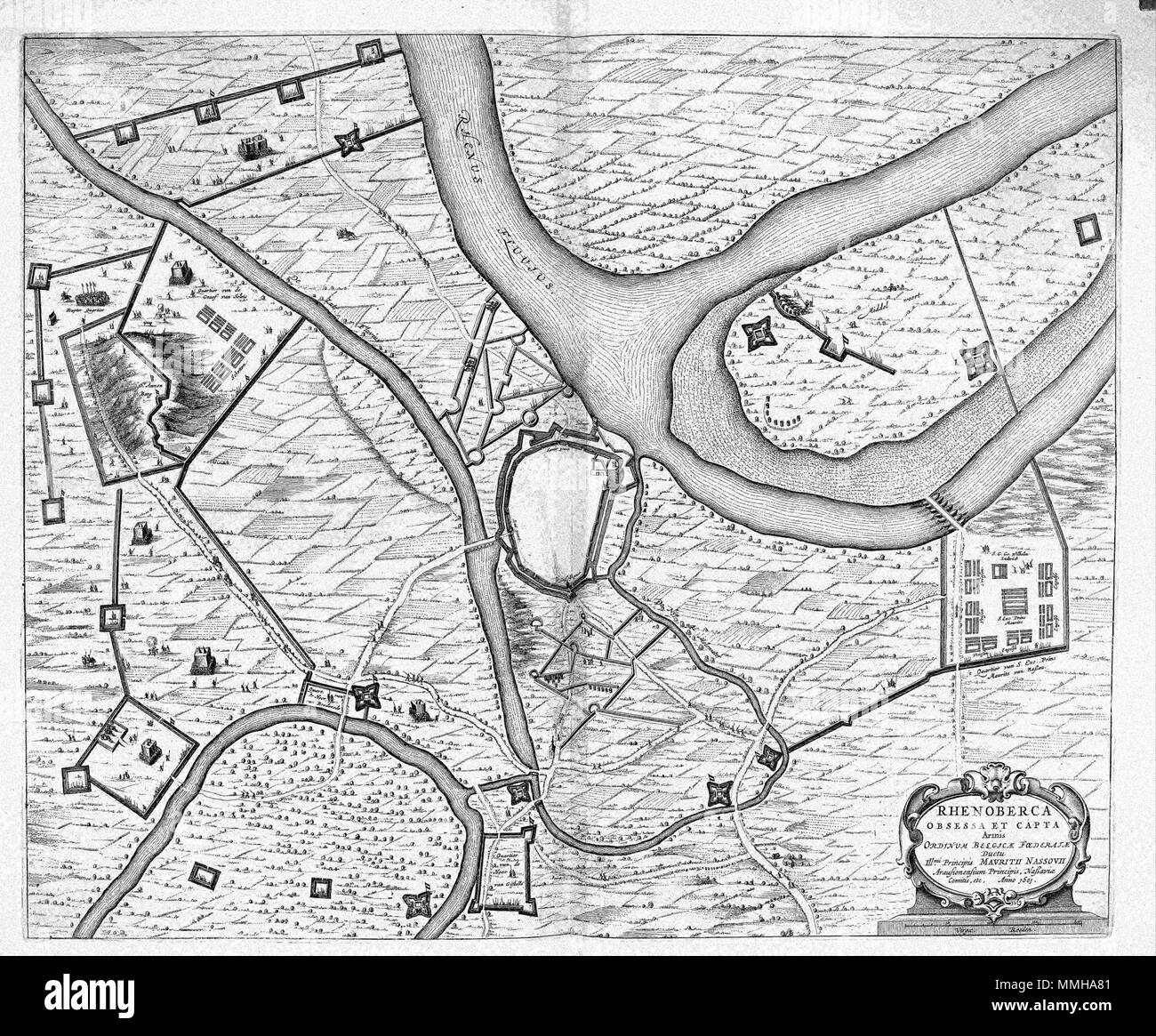 . Nederlands: Het Thema van deze kaart de ist Stichwörter 1601 van de vesting Rheinberg Aan De Rijn door een Nederlandse legermacht onder aanvoering van Prins Maurits. Rondom de Vesting zien Wir de belegeringswerken en de legerkampen van de belegeraars. De kaart werd 1649 gepubliceerd in het eerste Deel van het stedenboek van Joan Blaeu (1596-1673). Englisch: Das Thema dieser Karte ist die Belagerung von 1601, der Festung Rheinberg am Rhein von einem Niederländischen Armee unter der Führung von Prinz Maurits. Die Festung wird von Soldaten und Belagerungsmaschinen umgeben. Die Karte wurde in den ersten Band des im Lieferumfang enthalten Stockfoto