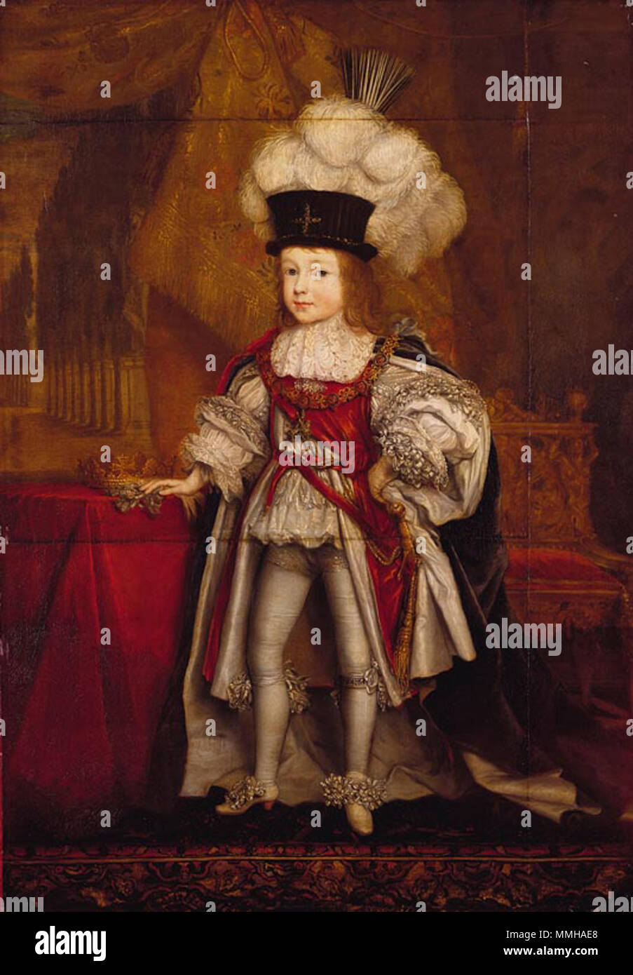 . Gezeigt stehen in voller Länge trägt er die aufwändige Roben und gefiederten Hut der Reihenfolge der Strumpfband und ruht seine rechte Hand auf einen gedeckten Tisch, auf dem sich die königliche herzoglichen Coronet. James Stuart (1663-67). 1666 oder 1667. James, Herzog von Cambridge - Wright 1666-7 Stockfoto