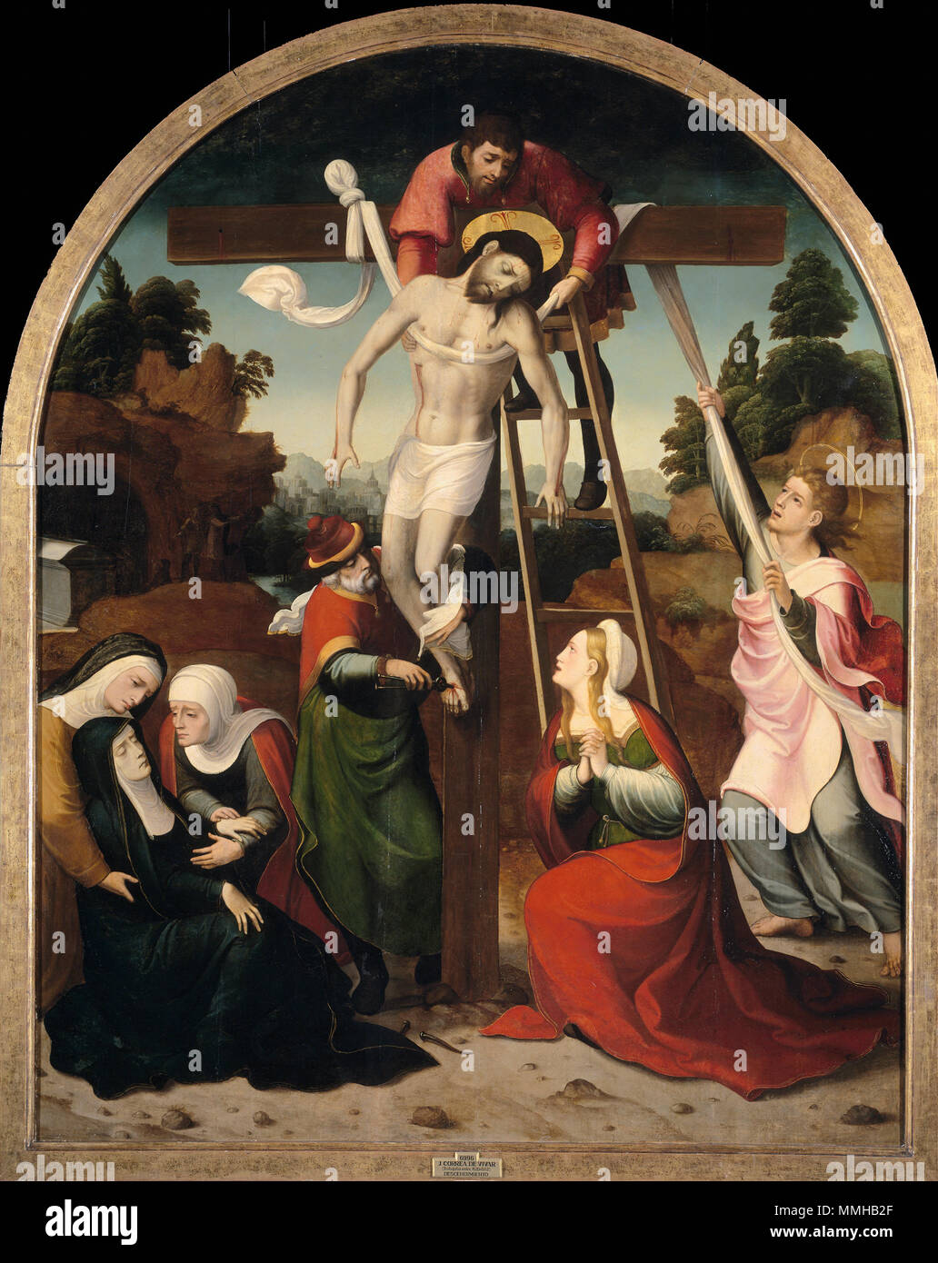 . Escena del Nuevo Testamento que relata el Descendimiento de la Cruz del Cuerpo de Cristo Muerto (Mateo 28, 57-61; 15, 42-47; Marcos Lucas 23, 50-55; Juan 19, 38-42). José de Arimatea, Nicodemo y San Juan Evangelista desclavan y hacen Abseilgerät el Santo Cuerpo, Mientras la Magdalena se lamenta ein sus Pies y la Virgen Es consolada en su dolor por otras Weihnachtsmänner Mujeres. Considerada como una de las mejores Obras de Correa, cuidada destaca La composición Cuyo equilibrio recuerda al Arte de Juan de Borgoña (h. 1470 1534) y de Antonio Comontes (Ca. 1520). Su tamaño y formato Entretener hacen que hubiera Stockfoto